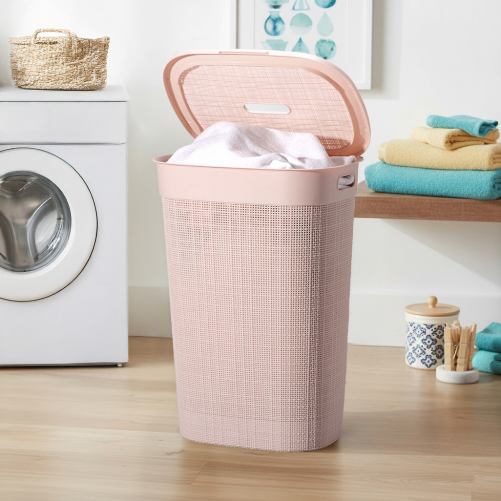 Image of Multipurpose Plastic Large 55 Ltr Laundry Basket with Lid &amp; Handle | Storing Washable Clothes, Blankets | Woods - Rose Gold