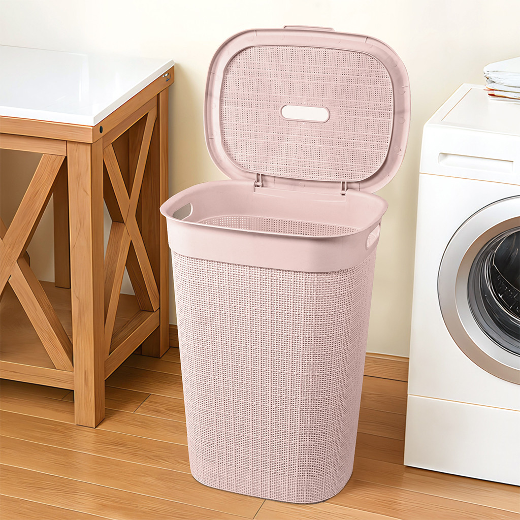 Multipurpose Plastic Large 55 Ltr Laundry Basket with Lid  Handle  Storing Washable Clothes Blankets  Woods - Rose Gold