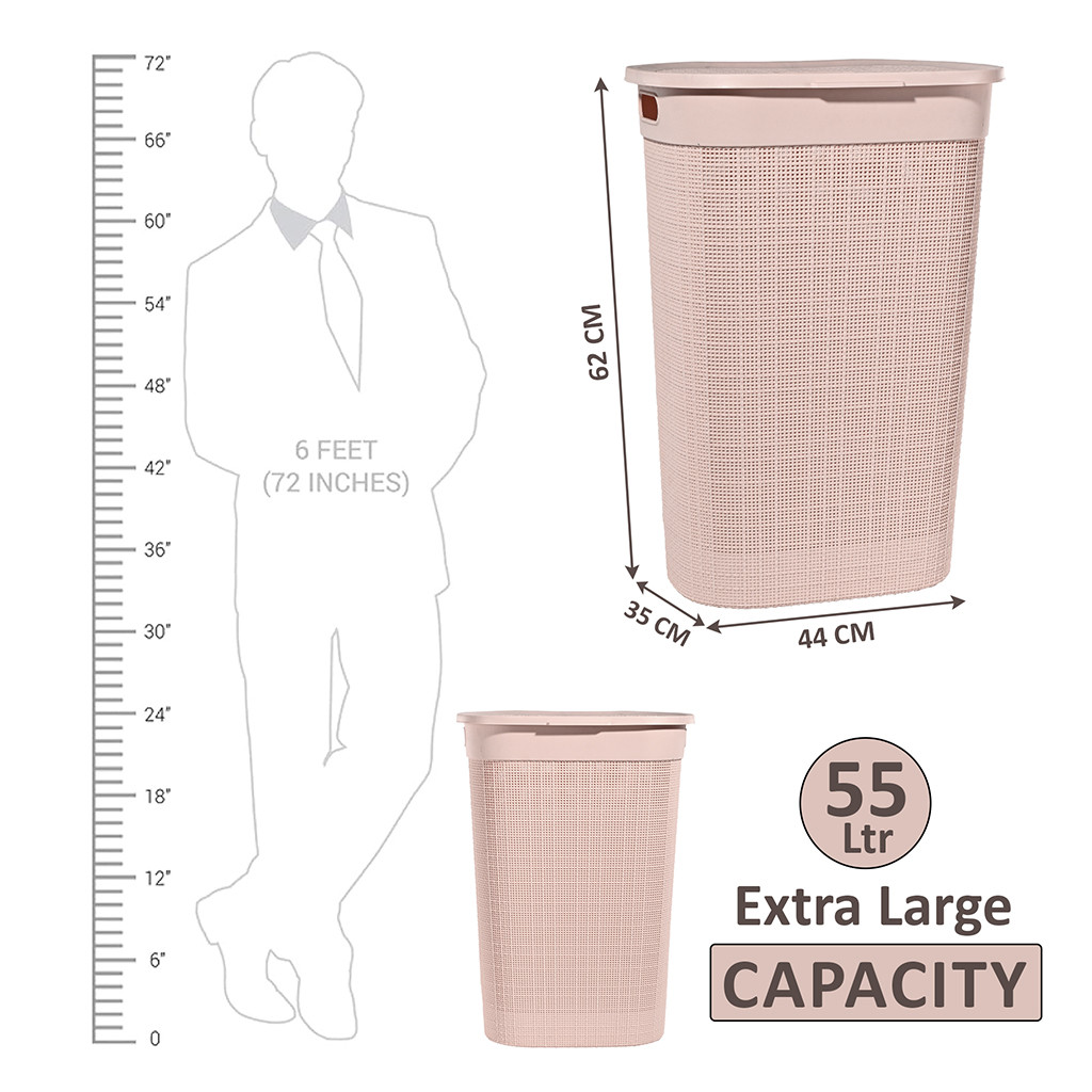 Multipurpose Plastic Large 55 Ltr Laundry Basket with Lid  Handle  Storing Washable Clothes Blankets  Woods - Rose Gold