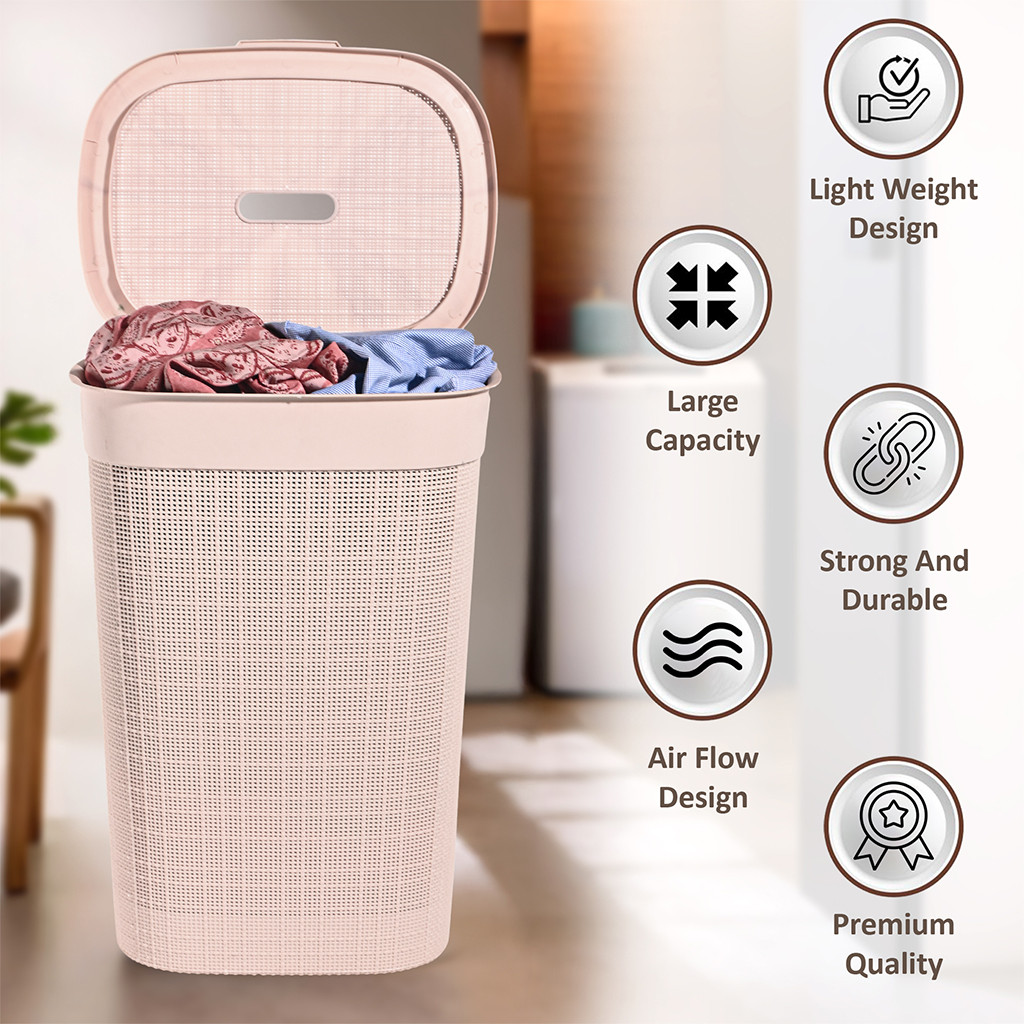 Multipurpose Plastic Large 55 Ltr Laundry Basket with Lid  Handle  Storing Washable Clothes Blankets  Woods - Rose Gold