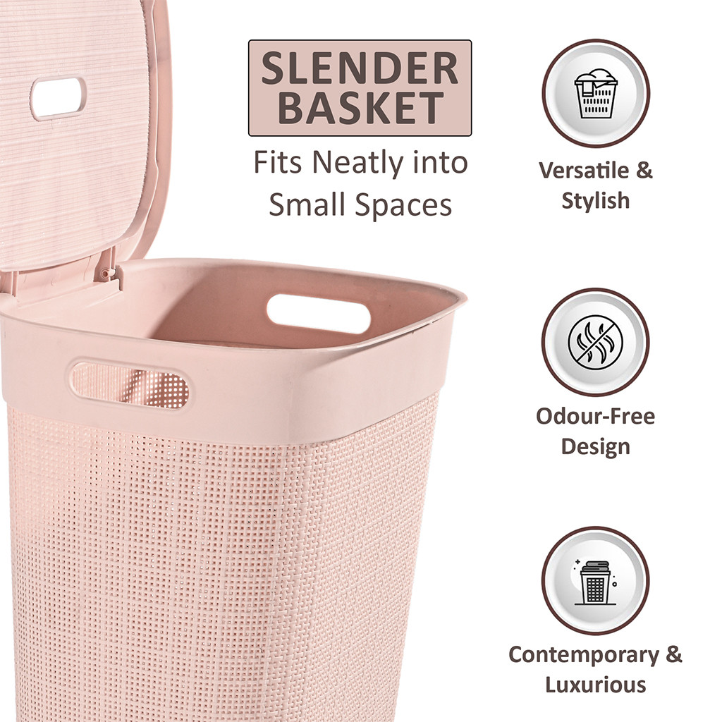 Multipurpose Plastic Large 55 Ltr Laundry Basket with Lid  Handle  Storing Washable Clothes Blankets  Woods - Rose Gold