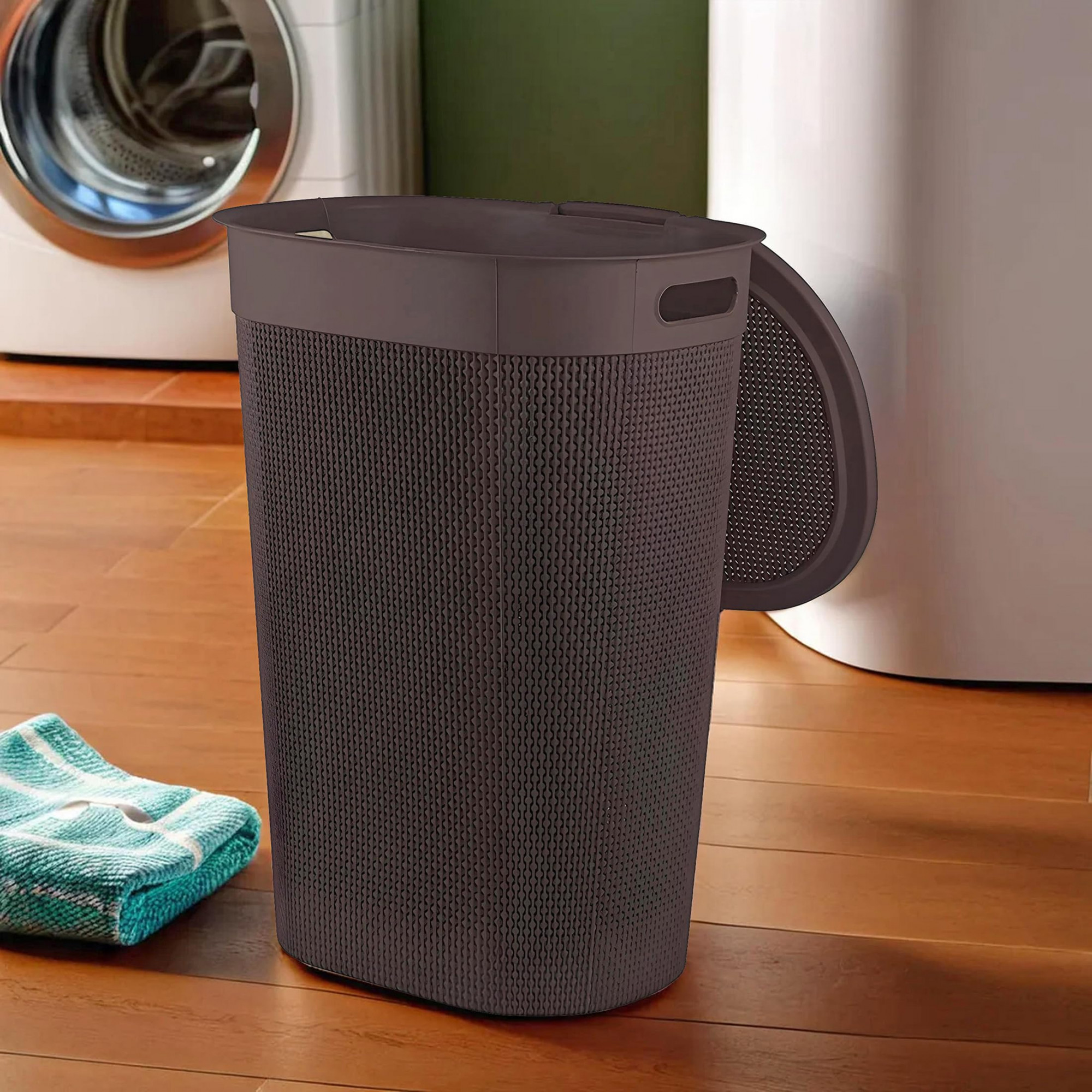 Multipurpose Plastic Laundry BasketBinHamperBucketStorage Organizer With Lid 55 Ltr Brown-46KM0455