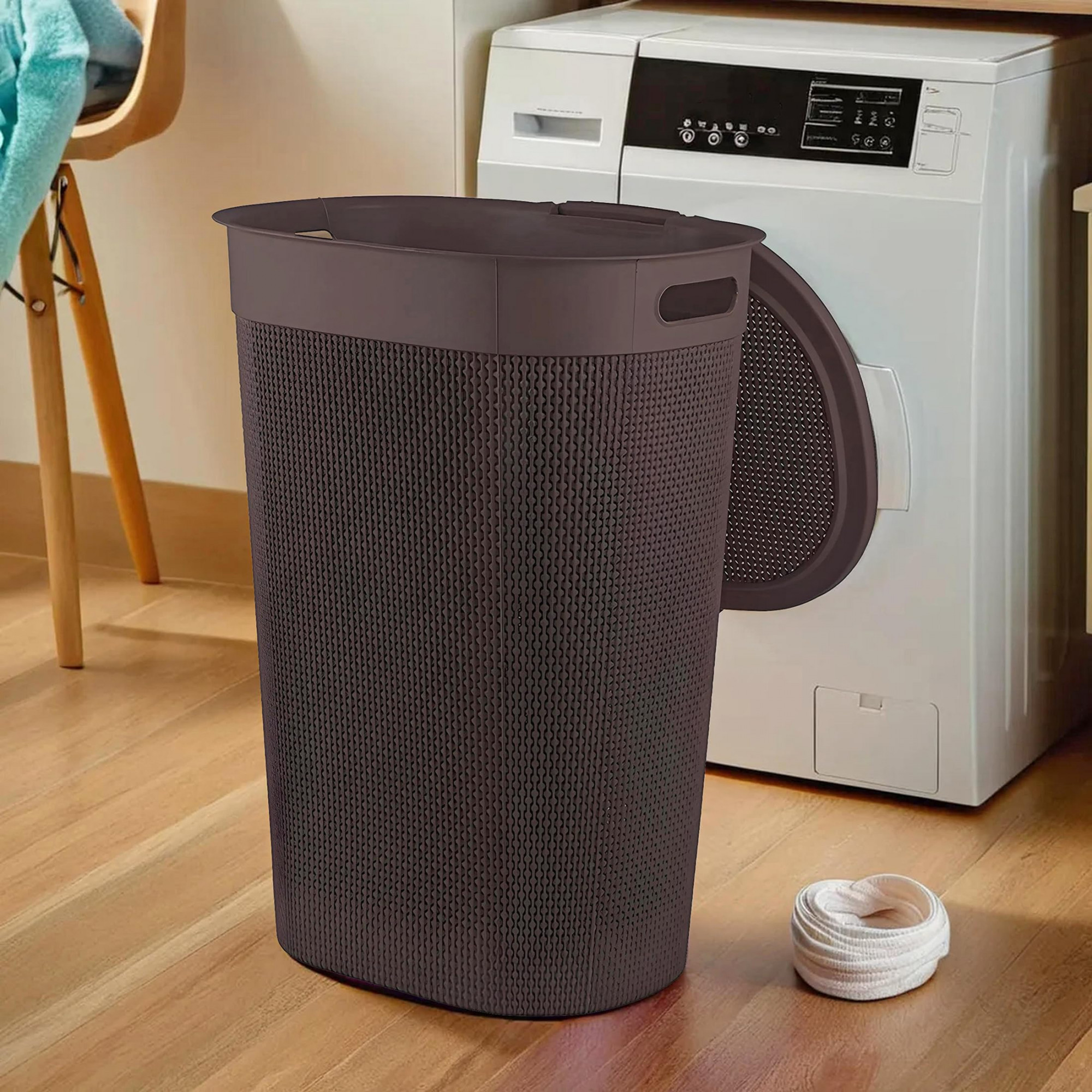 Multipurpose Plastic Laundry BasketBinHamperBucketStorage Organizer With Lid 55 Ltr Brown-46KM0455