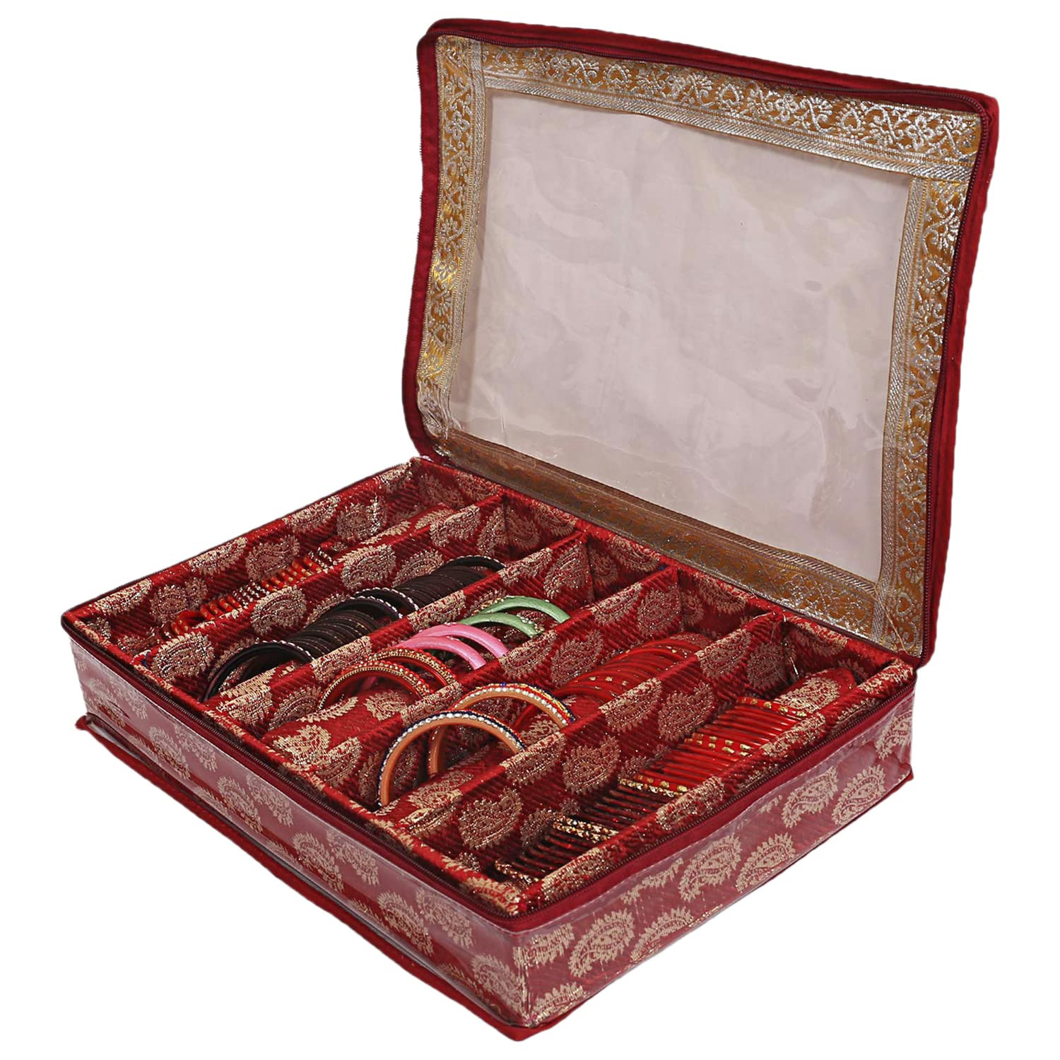 Multipurpose Teardrop Pattern Laminated 5 Rod Bangle BoxOrganizerCase With Tranasparent Top - Pack of 2 Red-47KM0499