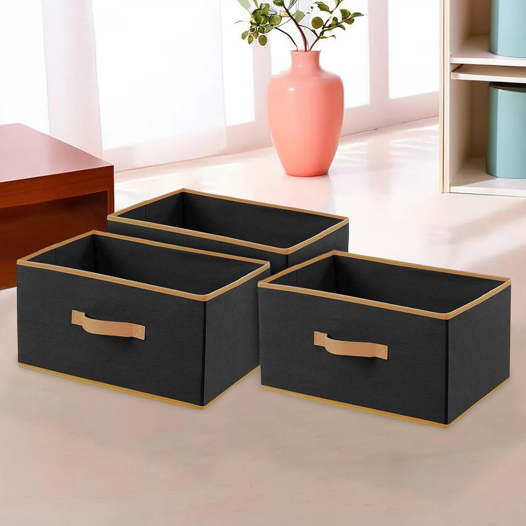 Multipurposes Rectangular Flodable Storage Box Drawer Storage and Cloth Organizer Pack of 3 Black-HS40KUBMART23916