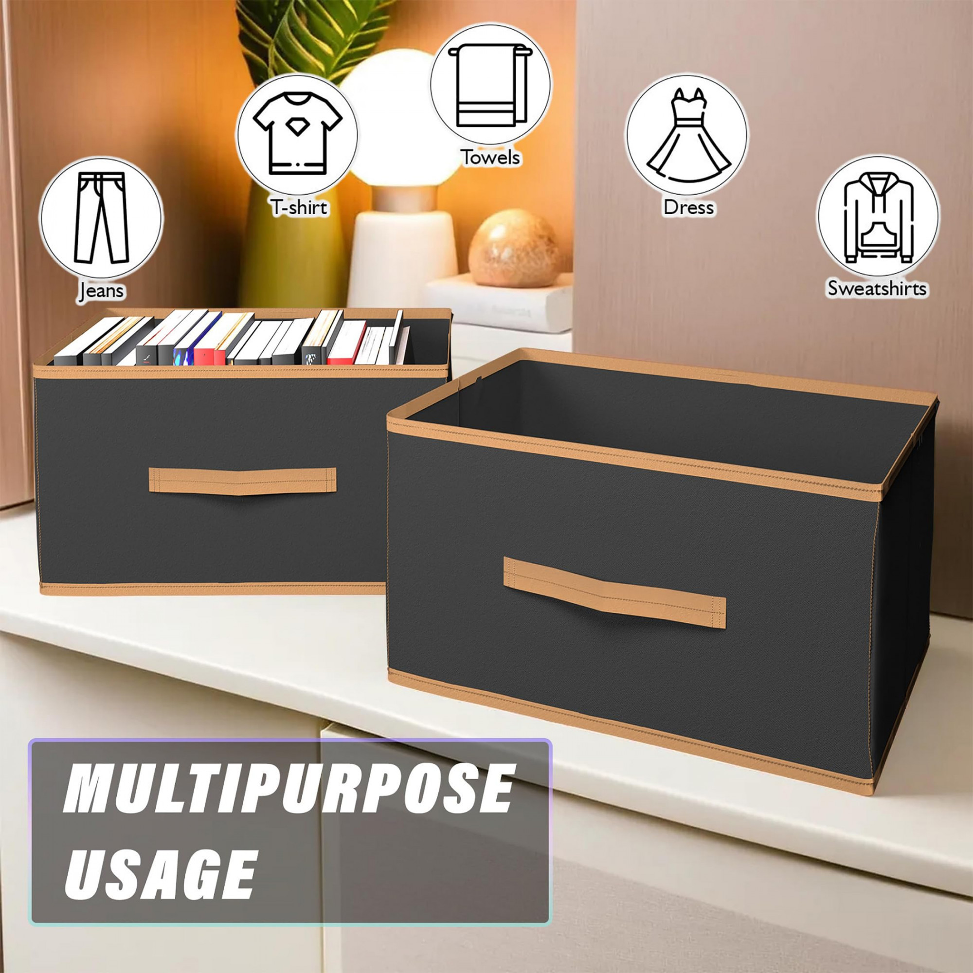 Multipurposes Rectangular Flodable Storage Box Drawer Storage and Cloth Organizer Pack of 3 Black-HS40KUBMART23916