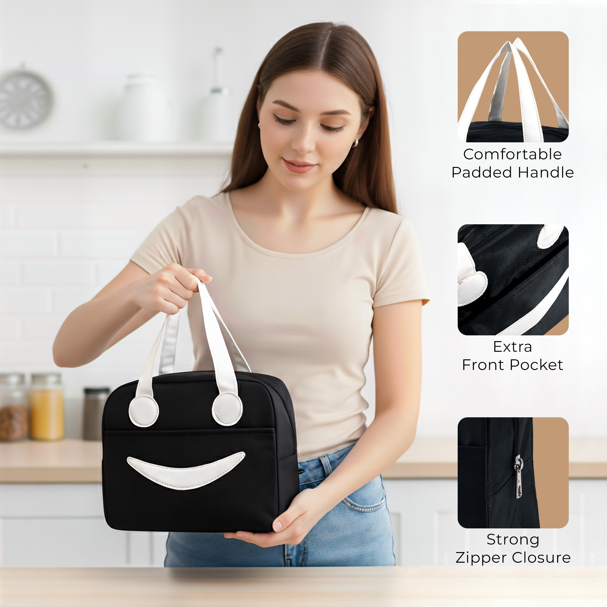 Parachute Insulated Lunch Bag  8 Ltr Leakproof Tiffin Bag HotCold for Girl Boy Women  Men  Ideal for Travel and Office  Smily - Black