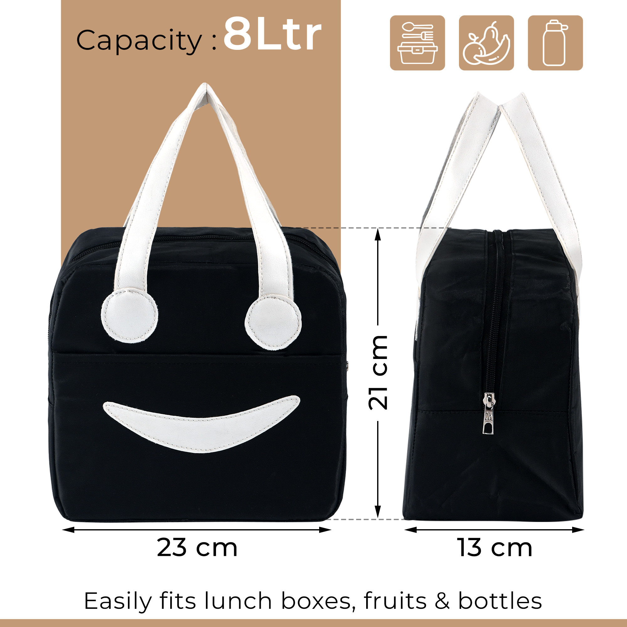 Parachute Insulated Lunch Bag  8 Ltr Leakproof Tiffin Bag HotCold for Girl Boy Women  Men  Ideal for Travel and Office  Smily - Black
