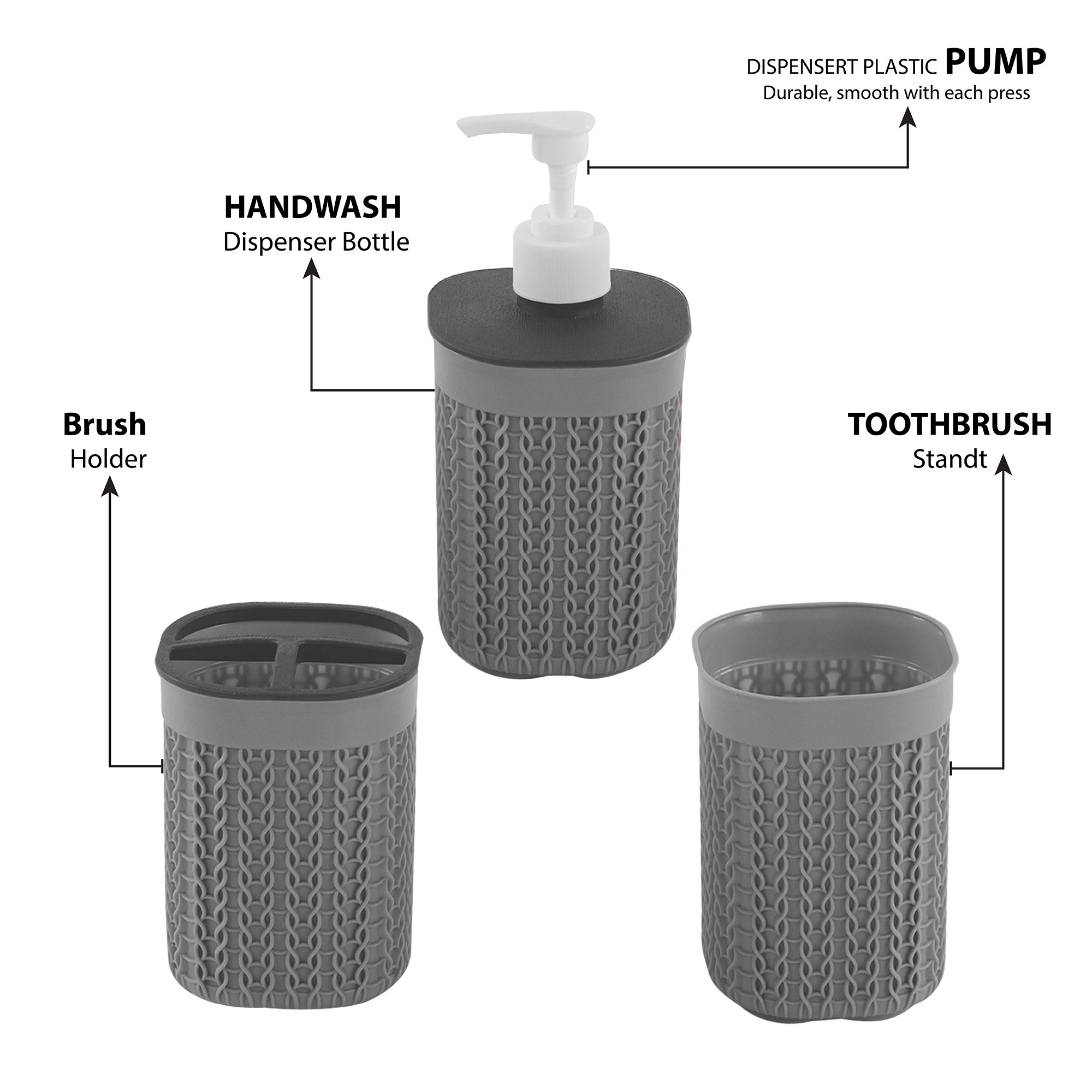 Plastic Bathroom Accessories Set of 3  Toothbrush Stand for Bathroom  Handwash Dispenser Bottle for Kitchen  Brush Holder for Wash Basin  Mouth Wash Tumbler Organiser  Grey