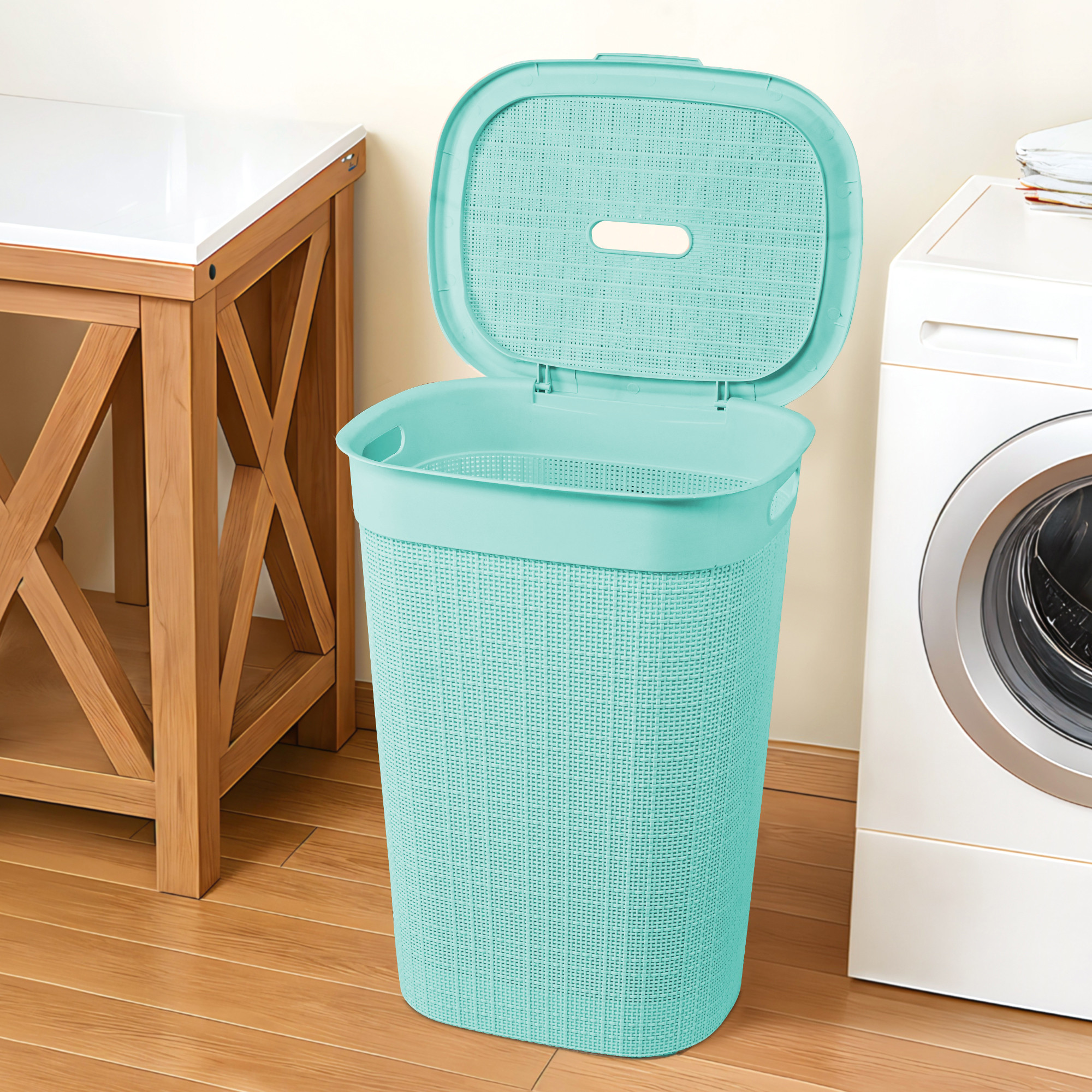 Plastic Large 55 Ltr Laundry Basket with Lid  Handle  Multipurpose Portable Houseware Storing ClothesToysBook  Wood  Firozi