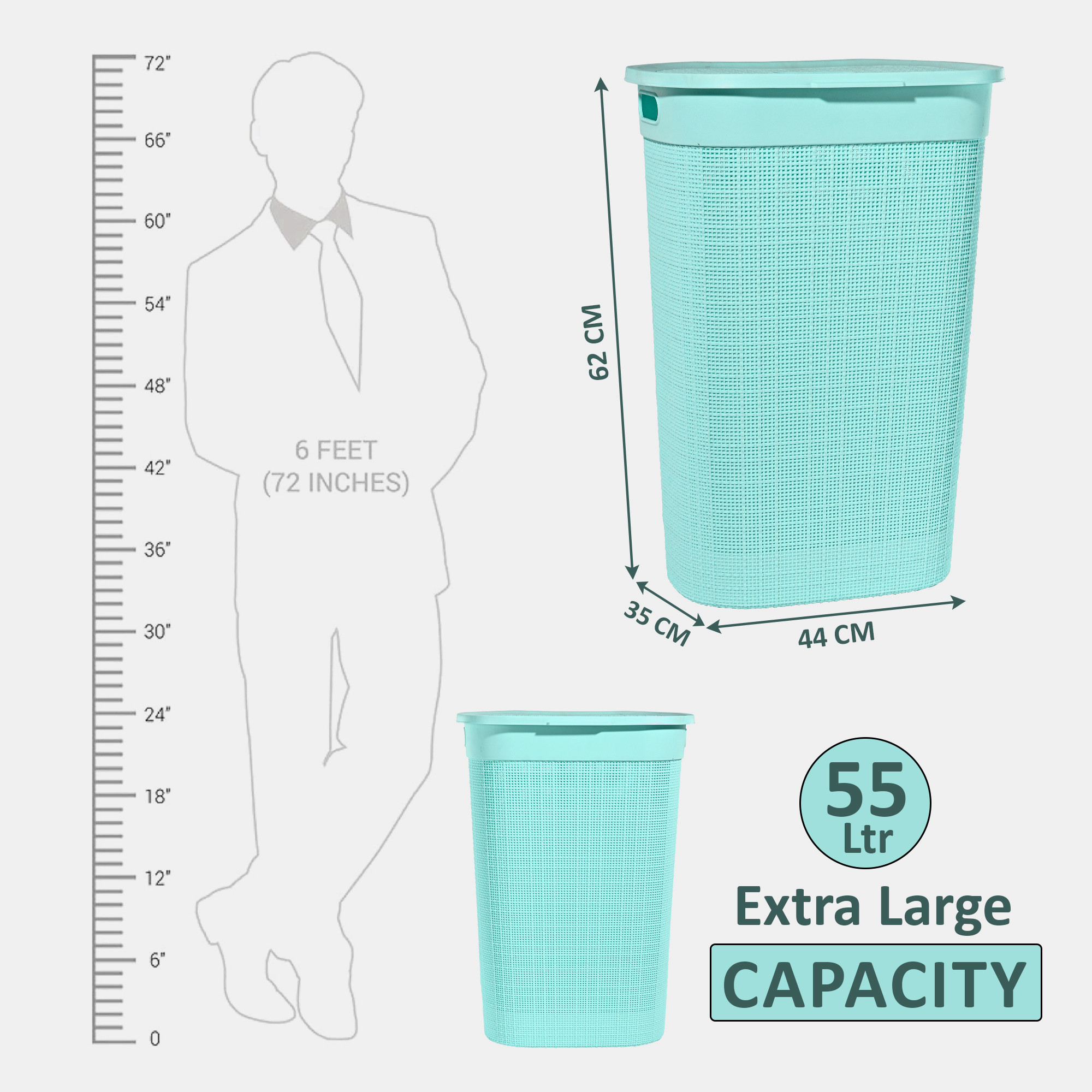 Plastic Large 55 Ltr Laundry Basket with Lid  Handle  Multipurpose Portable Houseware Storing ClothesToysBook  Wood  Firozi