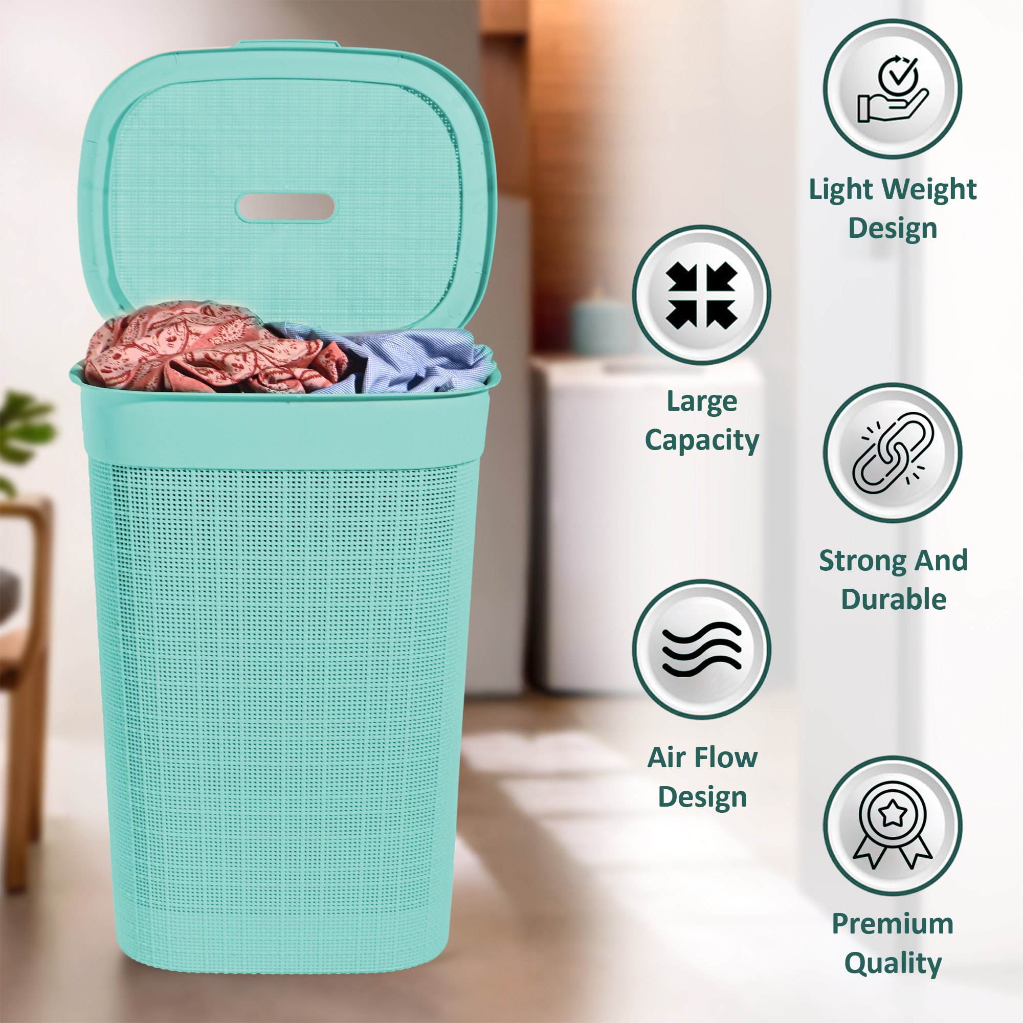 Plastic Large 55 Ltr Laundry Basket with Lid  Handle  Multipurpose Portable Houseware Storing ClothesToysBook  Wood  Firozi