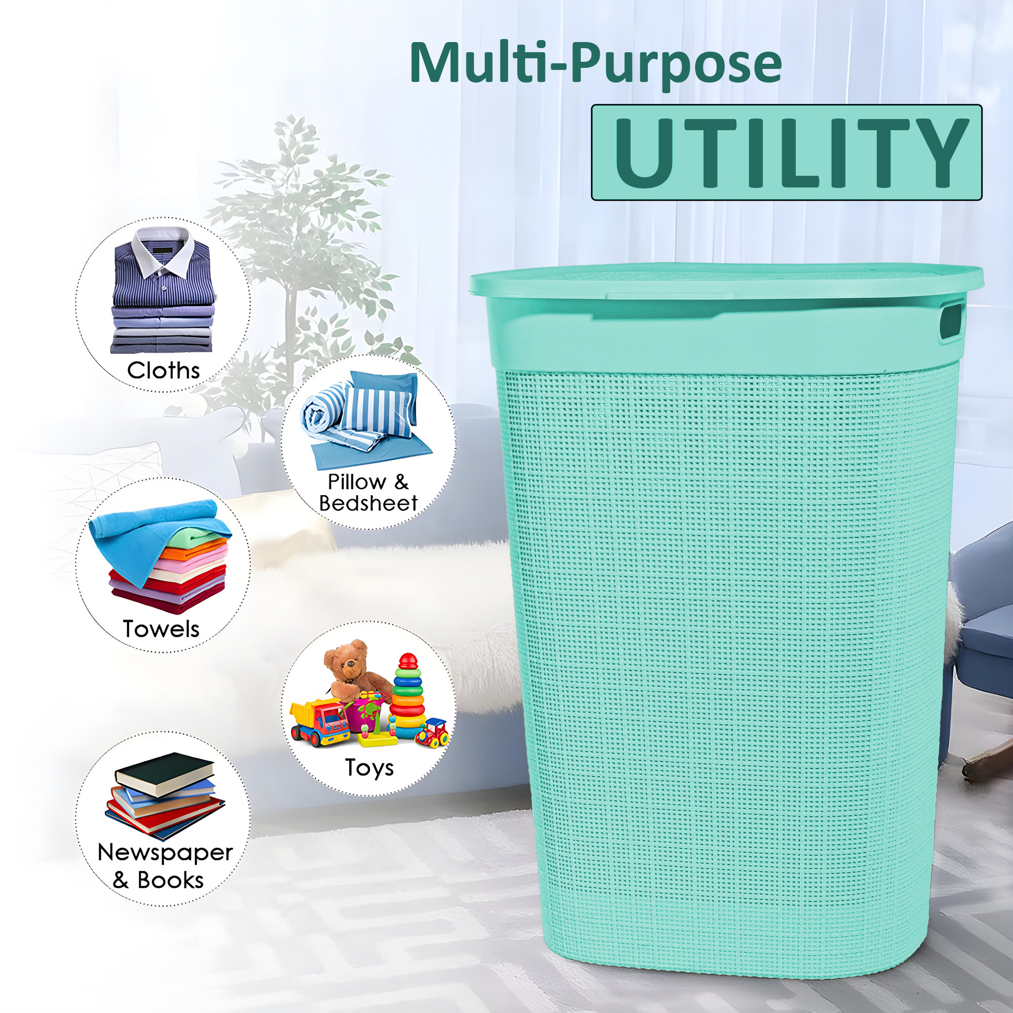 Plastic Large 55 Ltr Laundry Basket with Lid  Handle  Multipurpose Portable Houseware Storing ClothesToysBook  Wood  Firozi