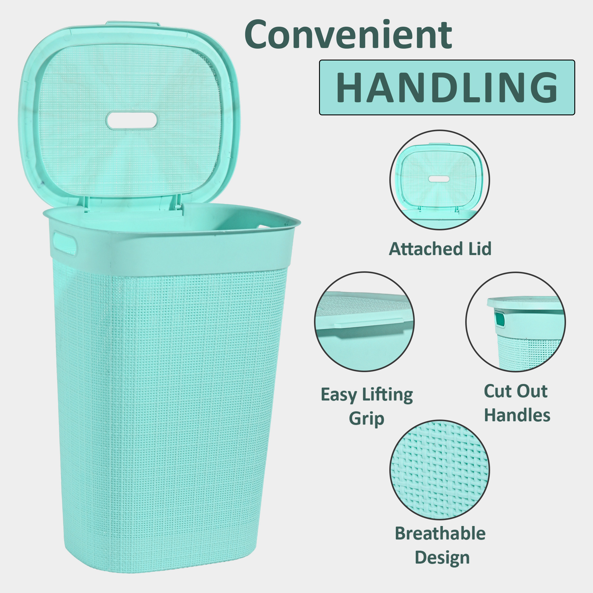 Plastic Large 55 Ltr Laundry Basket with Lid  Handle  Multipurpose Portable Houseware Storing ClothesToysBook  Wood  Firozi