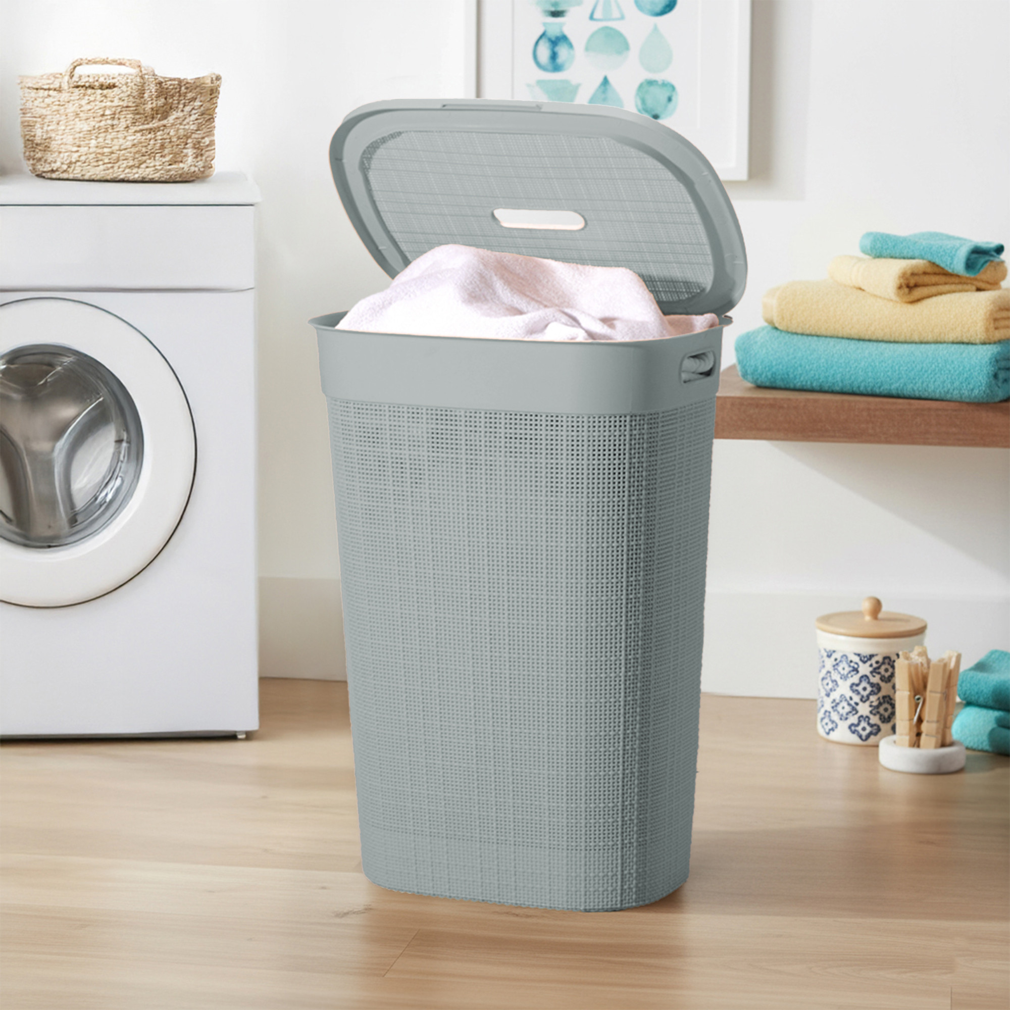 Plastic Large 55 Ltr Laundry Basket with Lid  Handle  Multipurpose Portable Houseware Storing ClothesToysBook  Wood  Grey