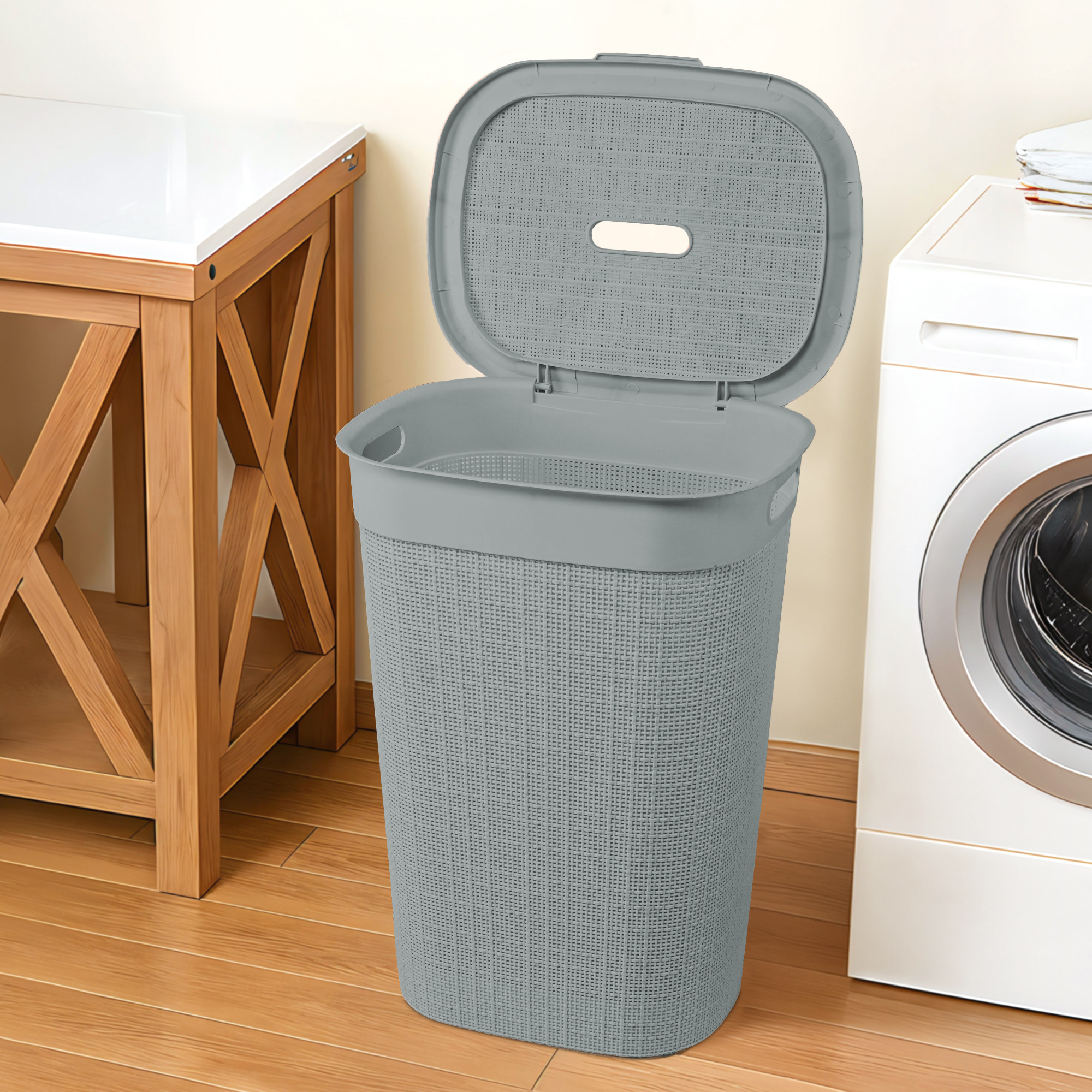 Plastic Large 55 Ltr Laundry Basket with Lid  Handle  Multipurpose Portable Houseware Storing ClothesToysBook  Wood  Grey