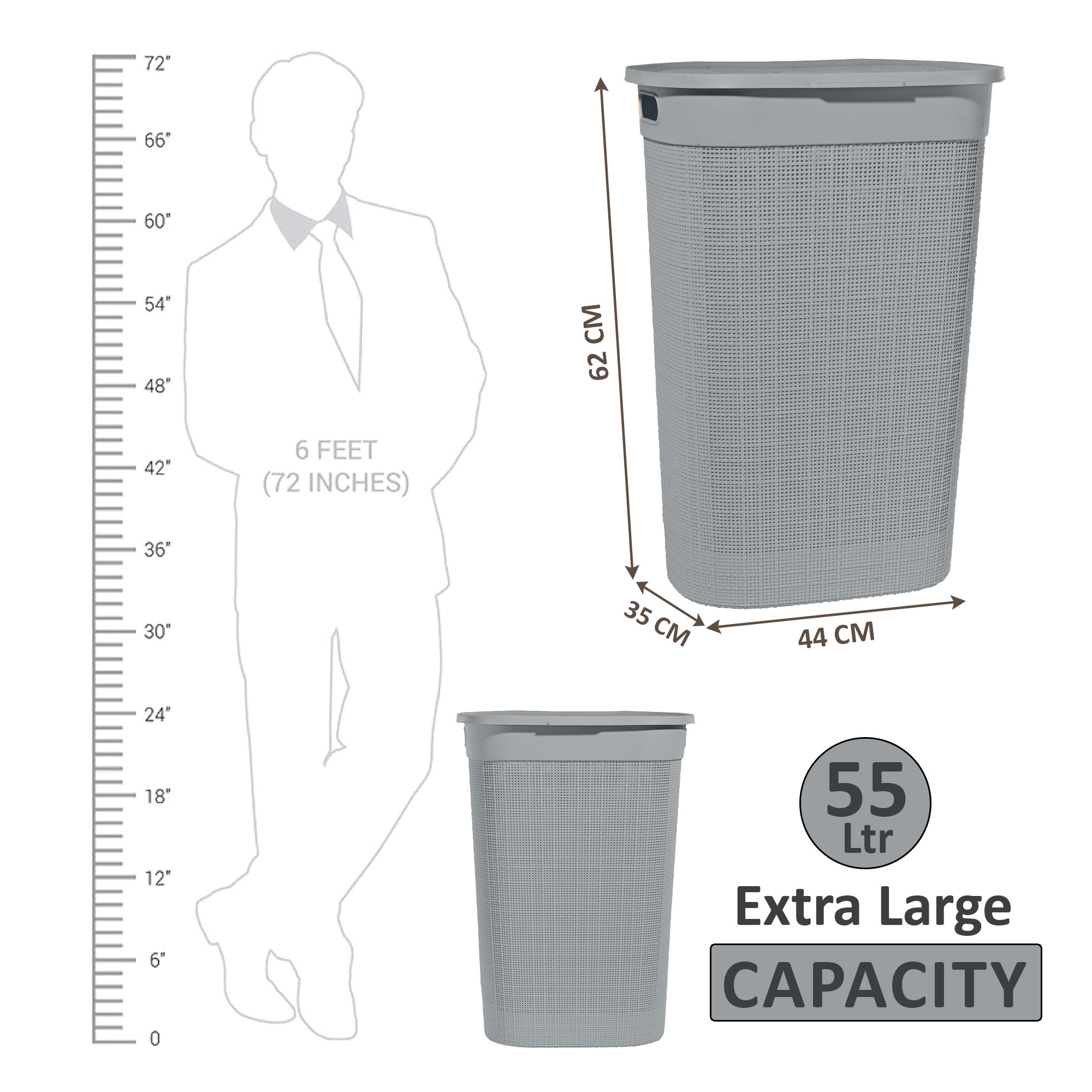 Plastic Large 55 Ltr Laundry Basket with Lid  Handle  Multipurpose Portable Houseware Storing ClothesToysBook  Wood  Grey