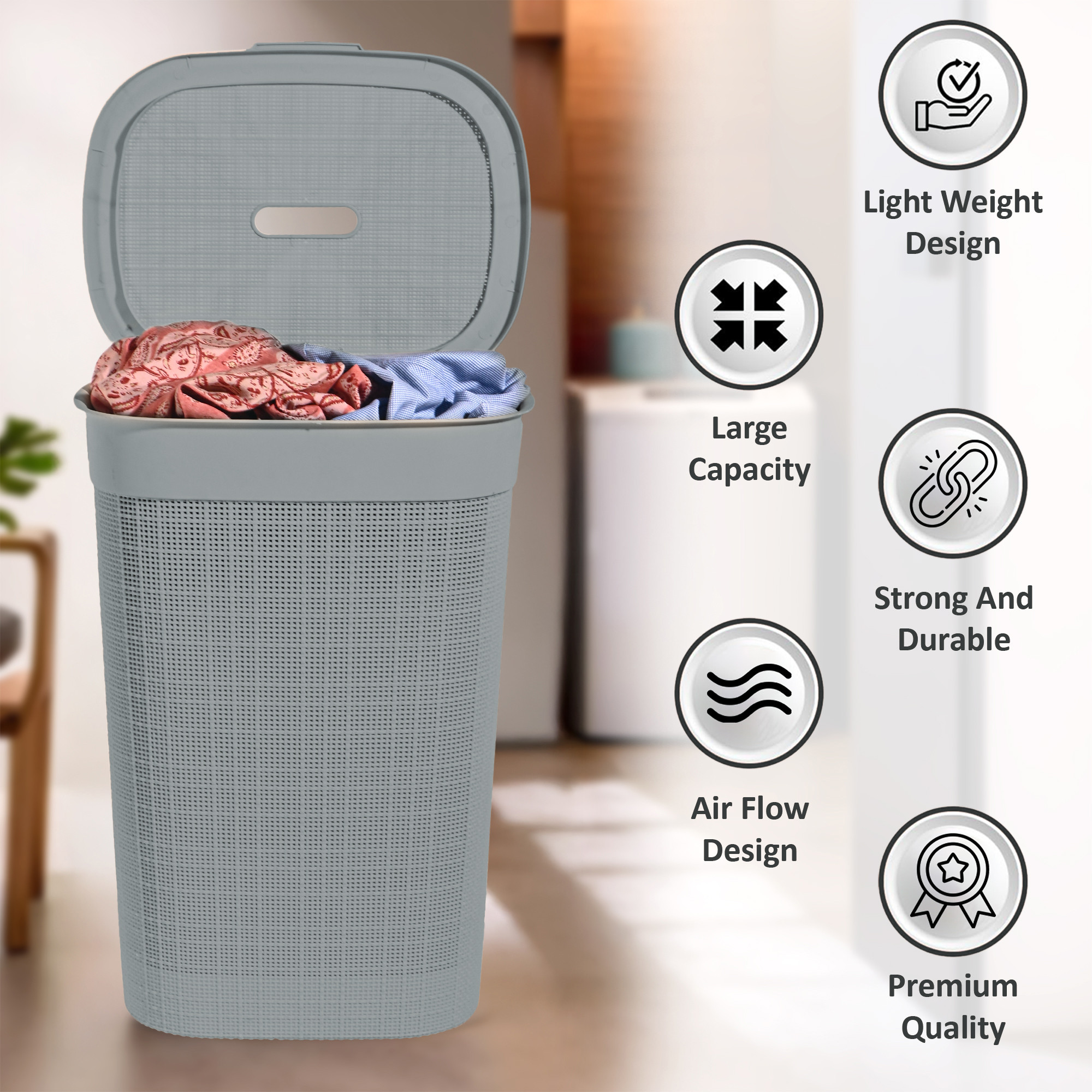 Plastic Large 55 Ltr Laundry Basket with Lid  Handle  Multipurpose Portable Houseware Storing ClothesToysBook  Wood  Grey