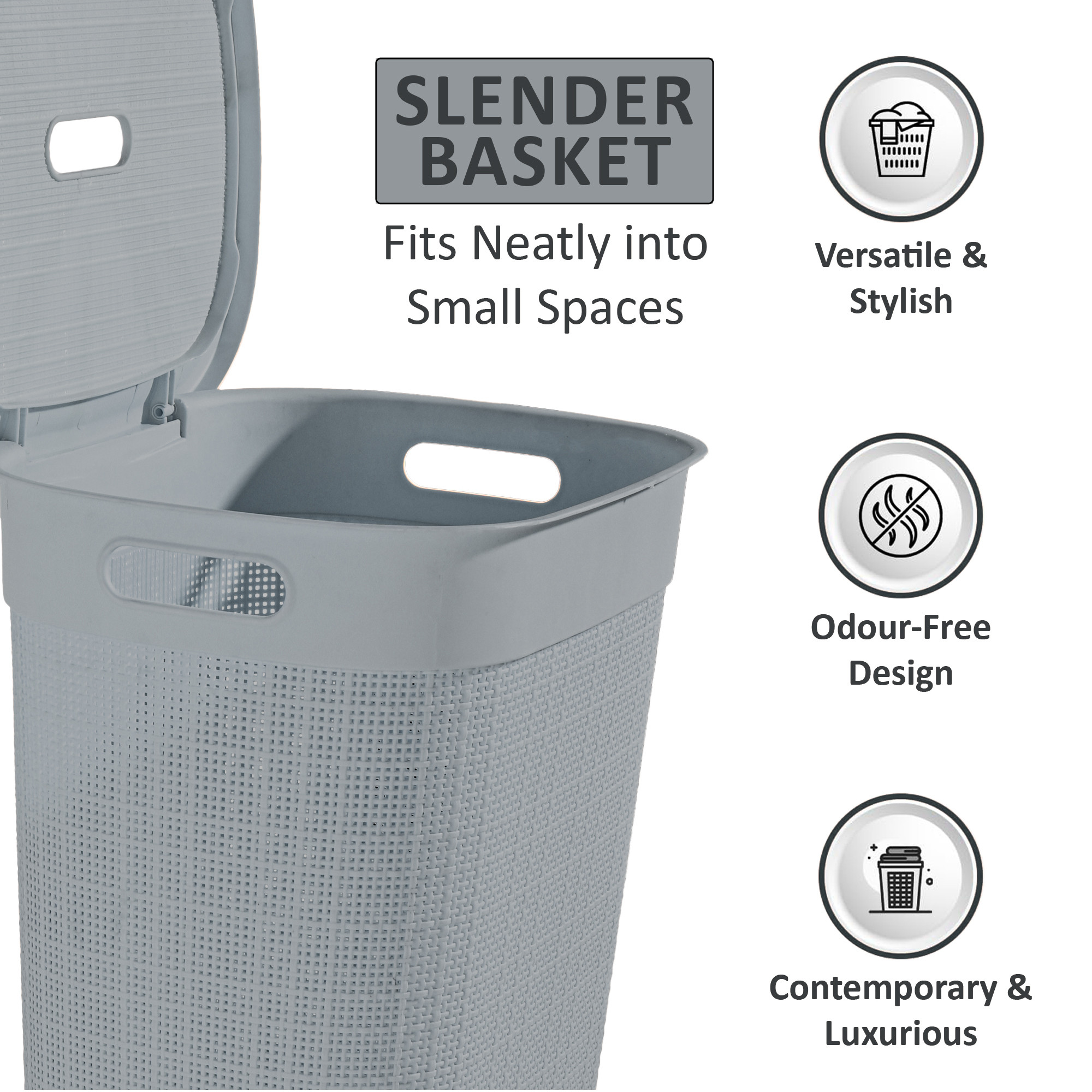 Plastic Large 55 Ltr Laundry Basket with Lid  Handle  Multipurpose Portable Houseware Storing ClothesToysBook  Wood  Grey