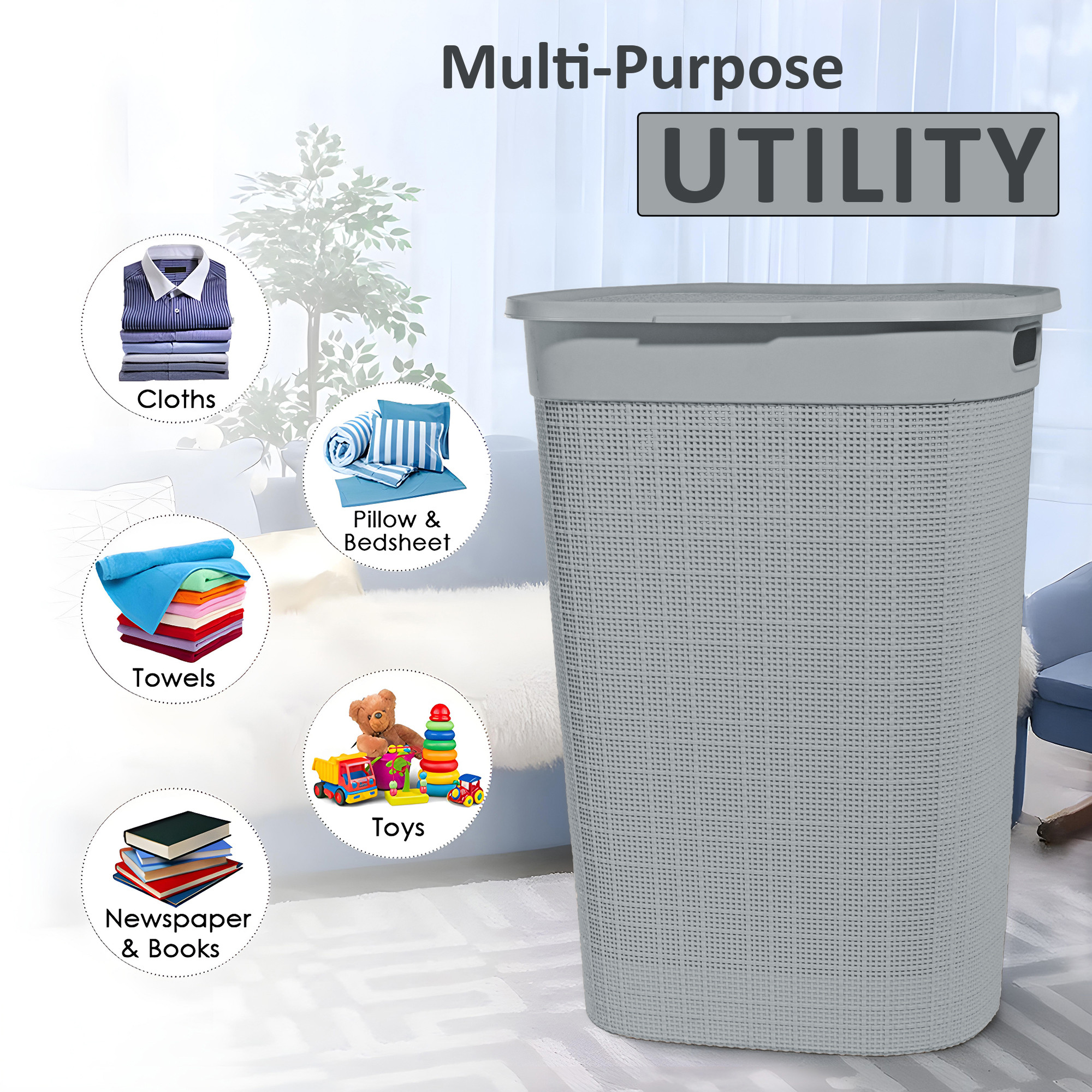 Plastic Large 55 Ltr Laundry Basket with Lid  Handle  Multipurpose Portable Houseware Storing ClothesToysBook  Wood  Grey