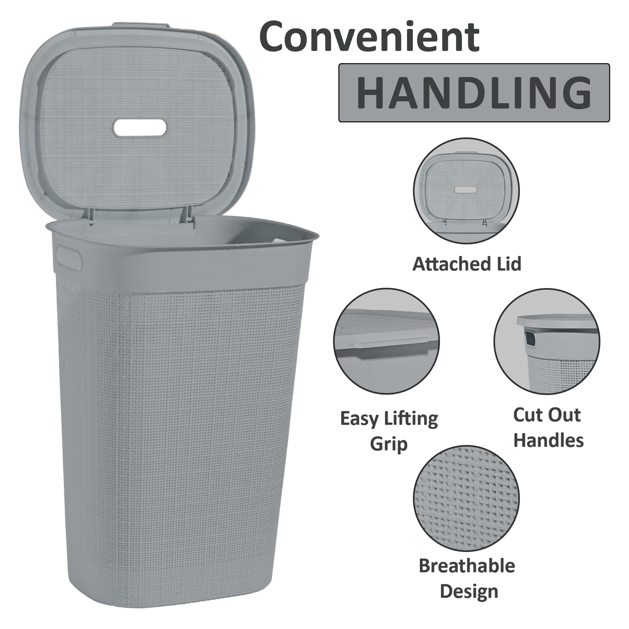 Plastic Large 55 Ltr Laundry Basket with Lid  Handle  Multipurpose Portable Houseware Storing ClothesToysBook  Wood  Grey