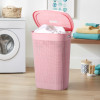 Plastic Large 55 Ltr Laundry Basket with Lid &amp; Handle For Home | Multipurpose Portable Houseware Storing Clothes/Toys/Books | Wood – Pink