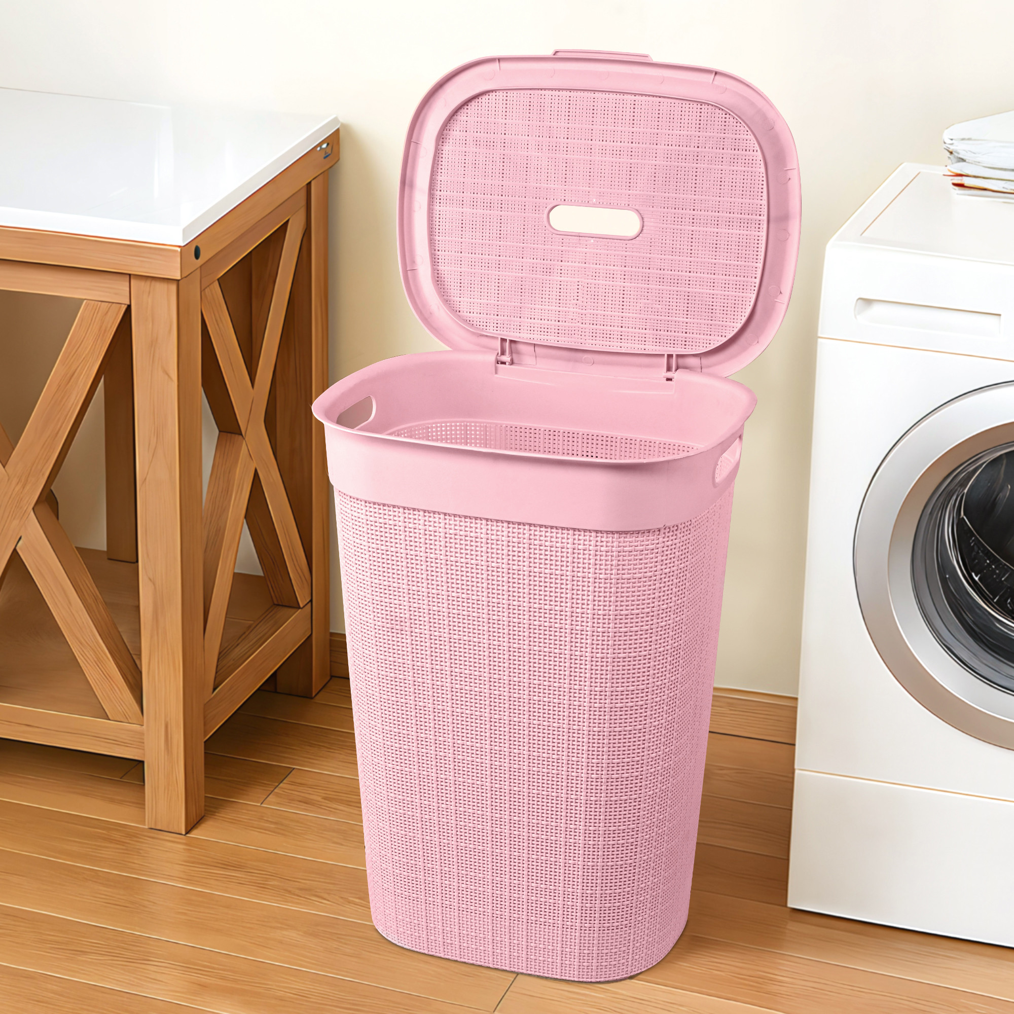 Plastic Large 55 Ltr Laundry Basket with Lid  Handle For Home  Multipurpose Portable Houseware Storing ClothesToysBooks  Wood  Pink