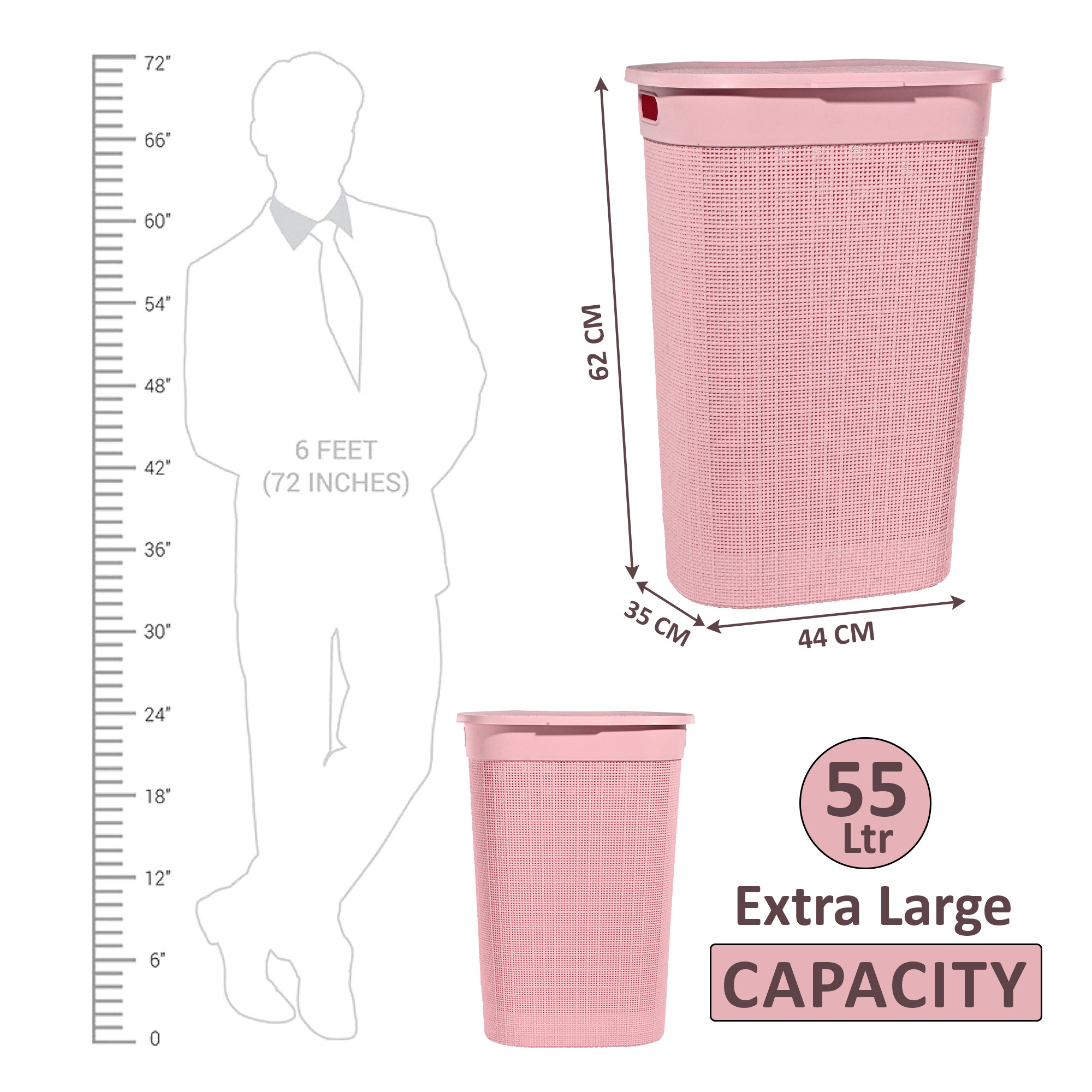 Plastic Large 55 Ltr Laundry Basket with Lid  Handle For Home  Multipurpose Portable Houseware Storing ClothesToysBooks  Wood  Pink
