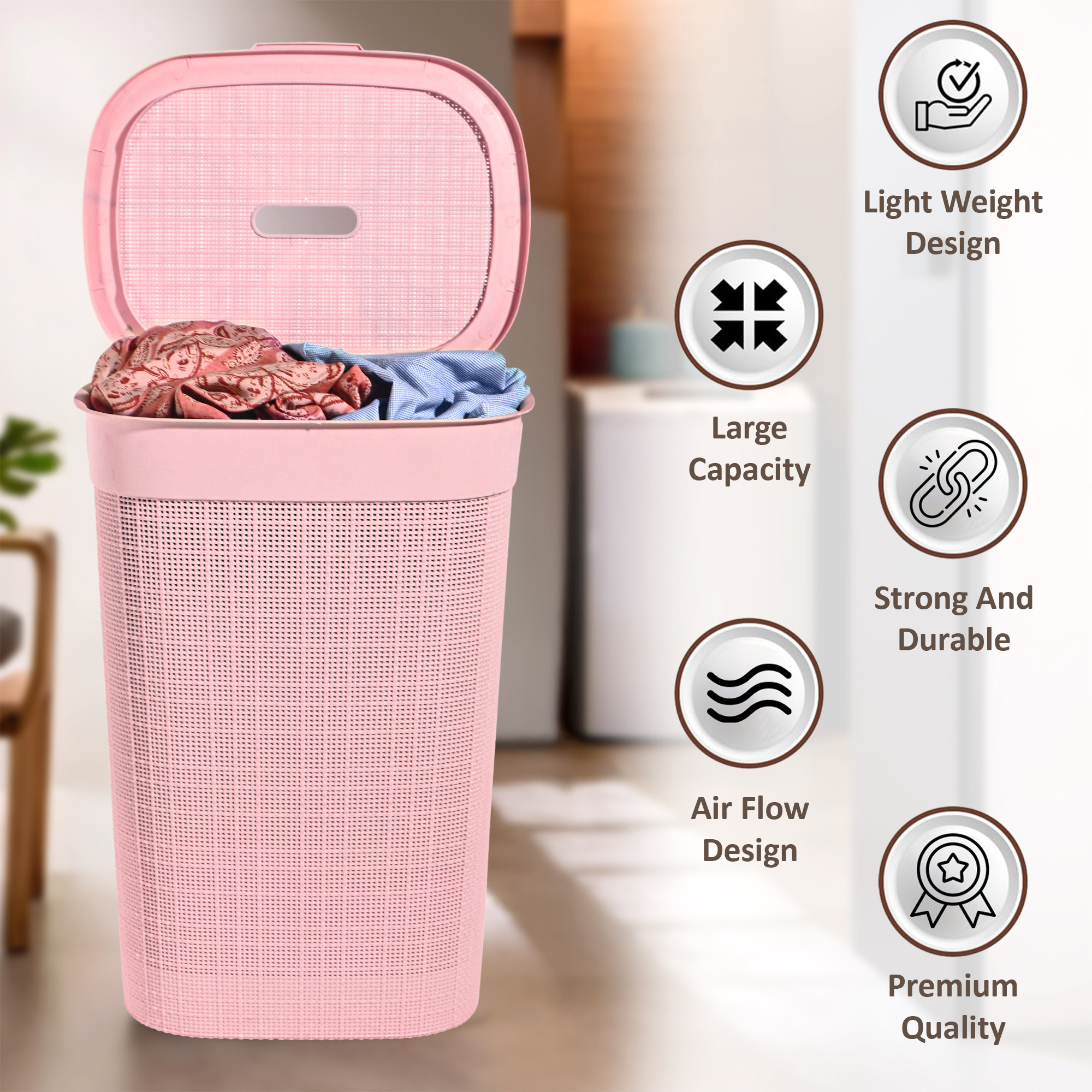 Plastic Large 55 Ltr Laundry Basket with Lid  Handle For Home  Multipurpose Portable Houseware Storing ClothesToysBooks  Wood  Pink