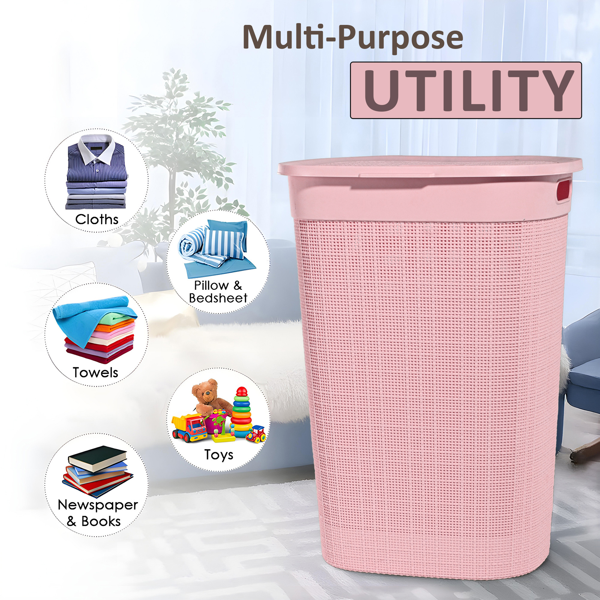 Plastic Large 55 Ltr Laundry Basket with Lid  Handle For Home  Multipurpose Portable Houseware Storing ClothesToysBooks  Wood  Pink