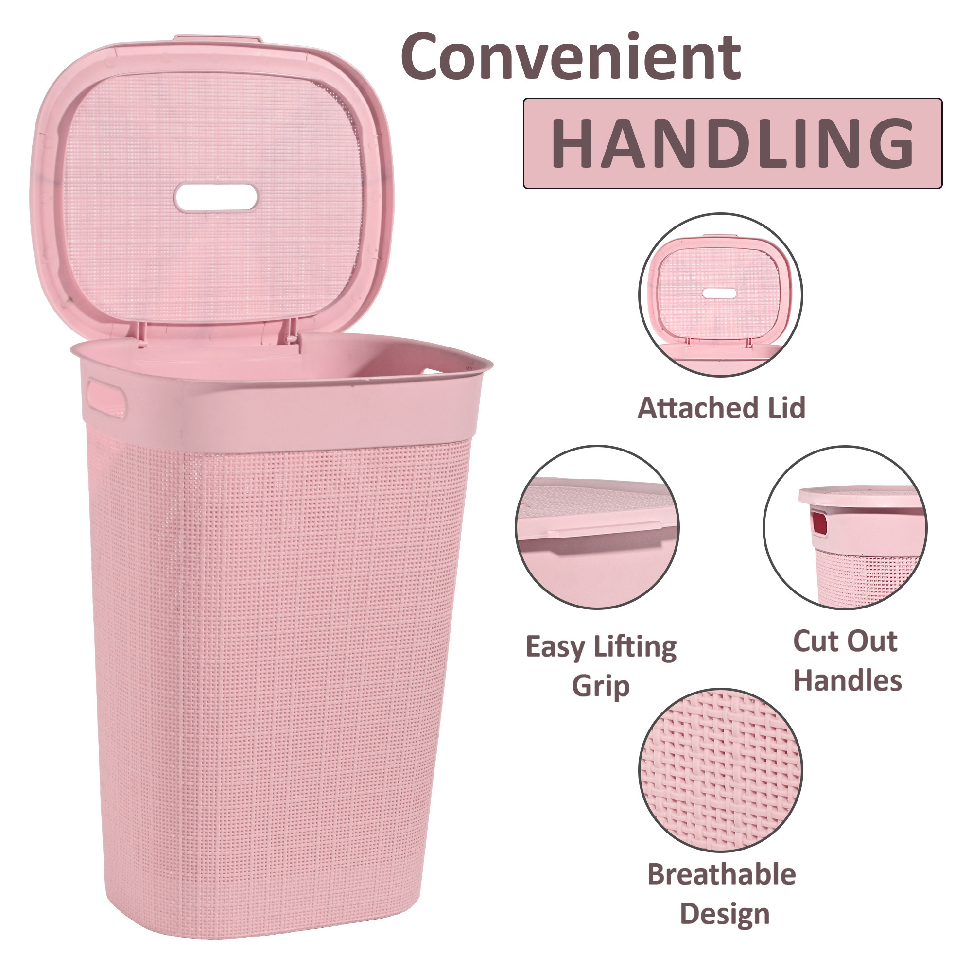 Plastic Large 55 Ltr Laundry Basket with Lid  Handle For Home  Multipurpose Portable Houseware Storing ClothesToysBooks  Wood  Pink