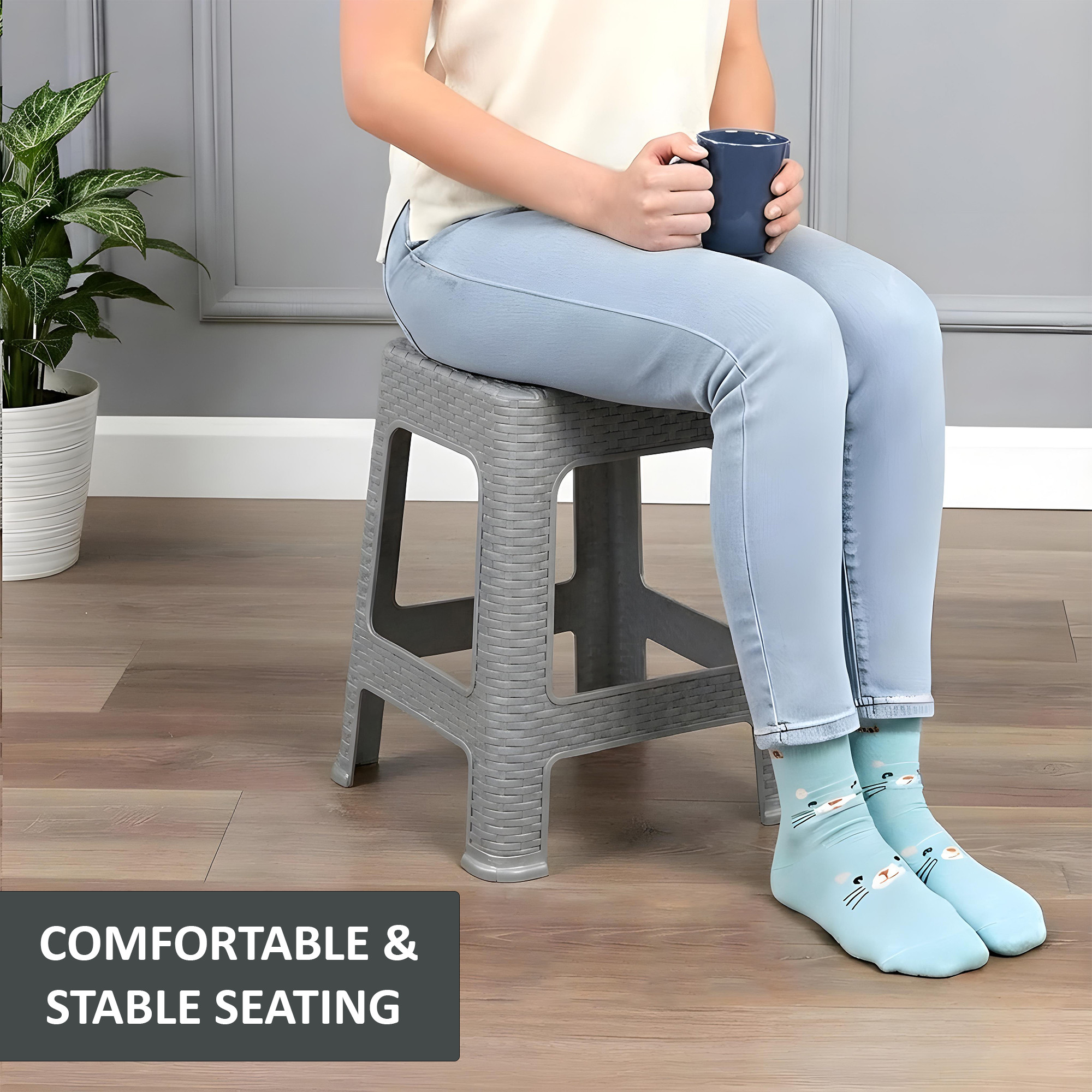 Plastic Optima Seating Stool Suitable for Indoor  Outdoor Use  Anti-Slip Stool for Adult  Senior Citizen-Friendly Design  Silver