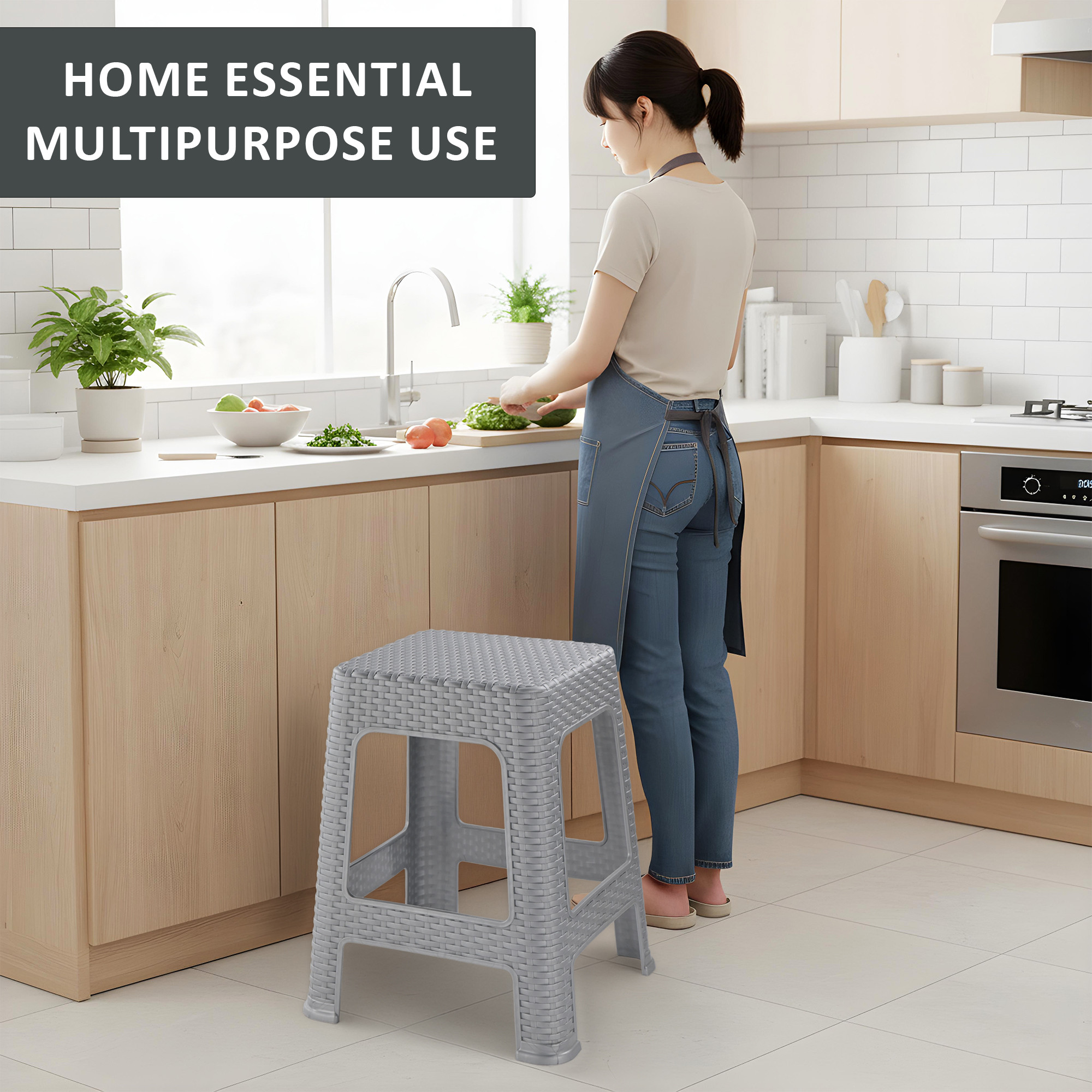 Plastic Optima Seating Stool Suitable for Indoor  Outdoor Use  Anti-Slip Stool for Adult  Senior Citizen-Friendly Design  Silver