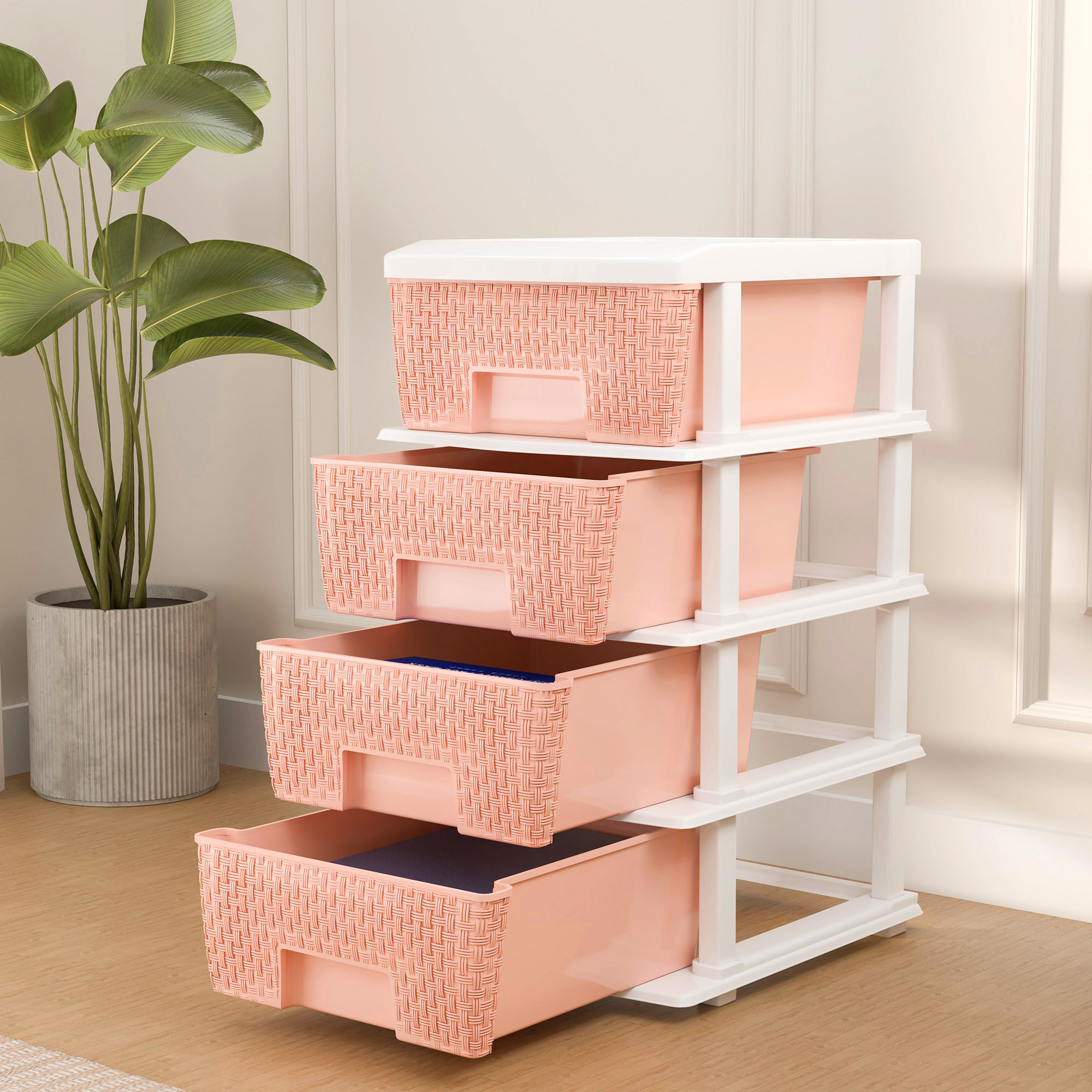 Plastic Storage DrawerSpacious Organizer for ToysBooks  Modular Storage Rack for HomeKitchenOffice  Checks - White  Peach