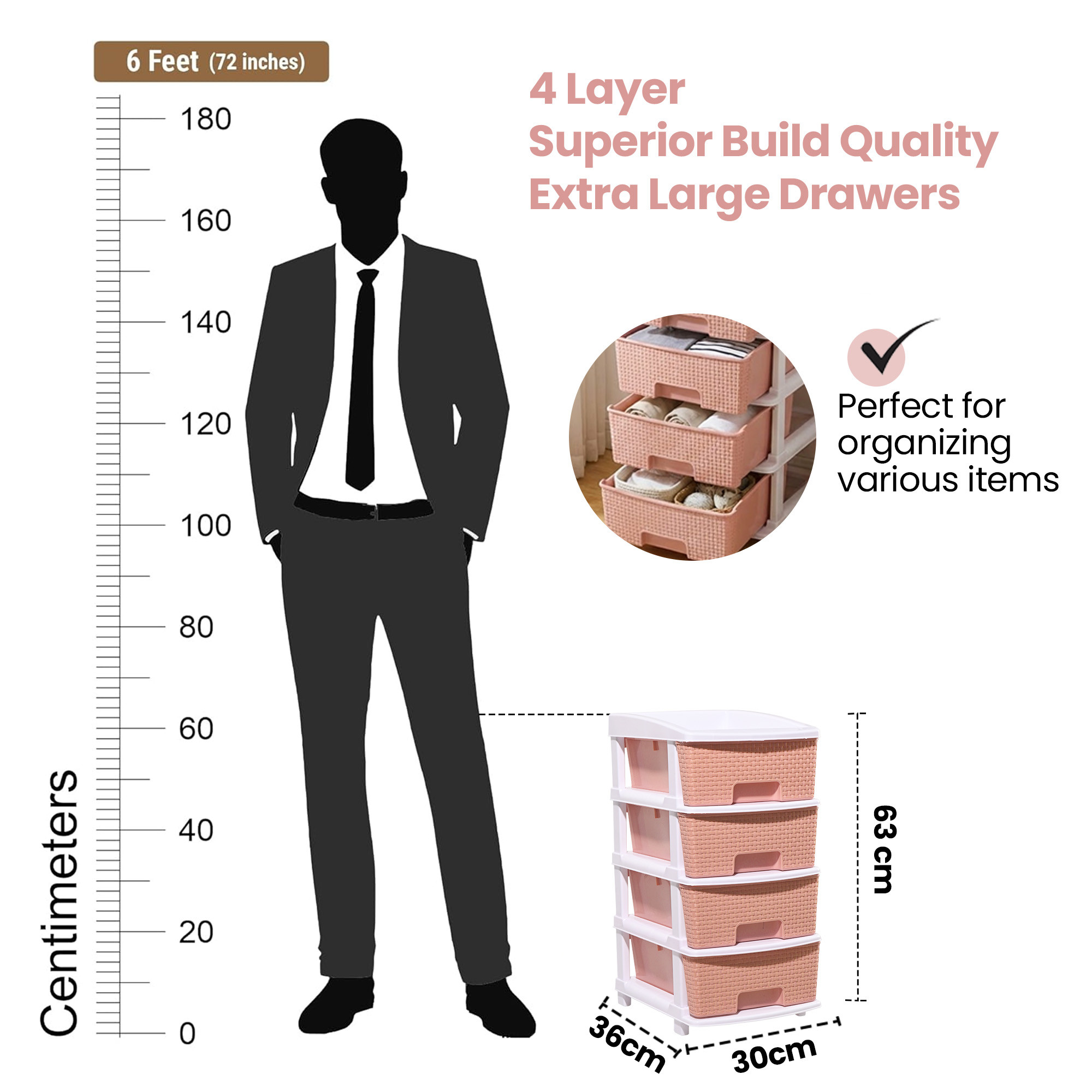 Plastic Storage DrawerSpacious Organizer for ToysBooks  Modular Storage Rack for HomeKitchenOffice  Checks - White  Peach