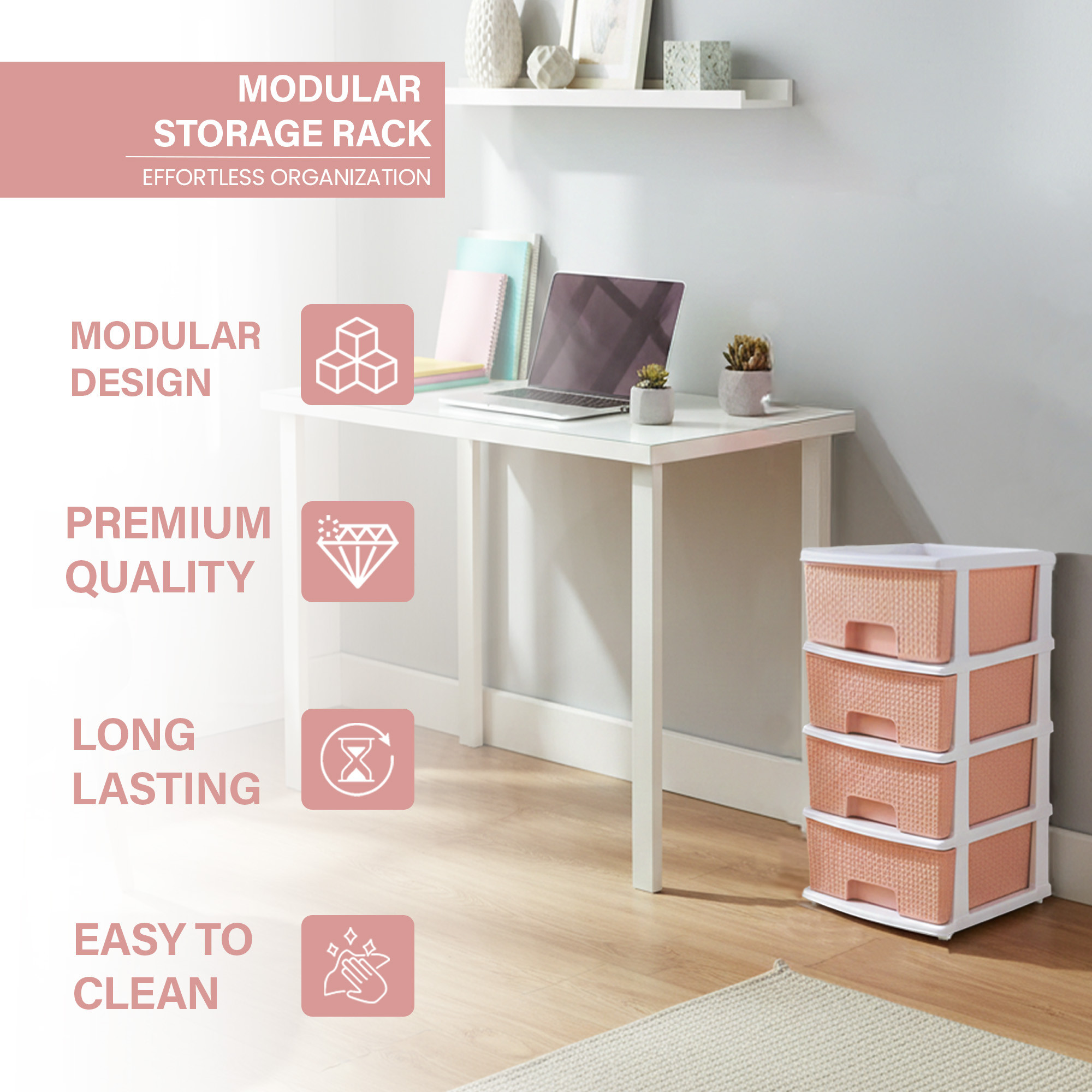 Plastic Storage DrawerSpacious Organizer for ToysBooks  Modular Storage Rack for HomeKitchenOffice  Checks - White  Peach