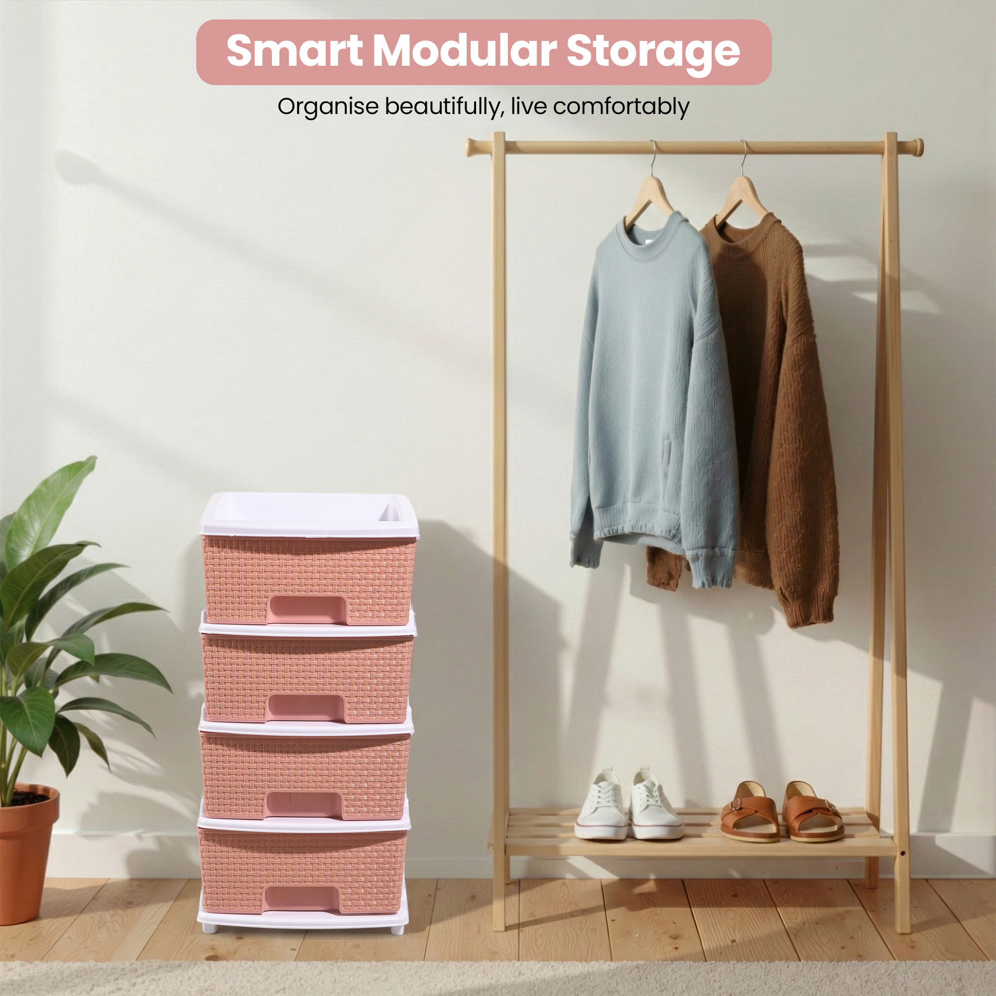 Plastic Storage DrawerSpacious Organizer for ToysBooks  Modular Storage Rack for HomeKitchenOffice  Checks - White  Peach