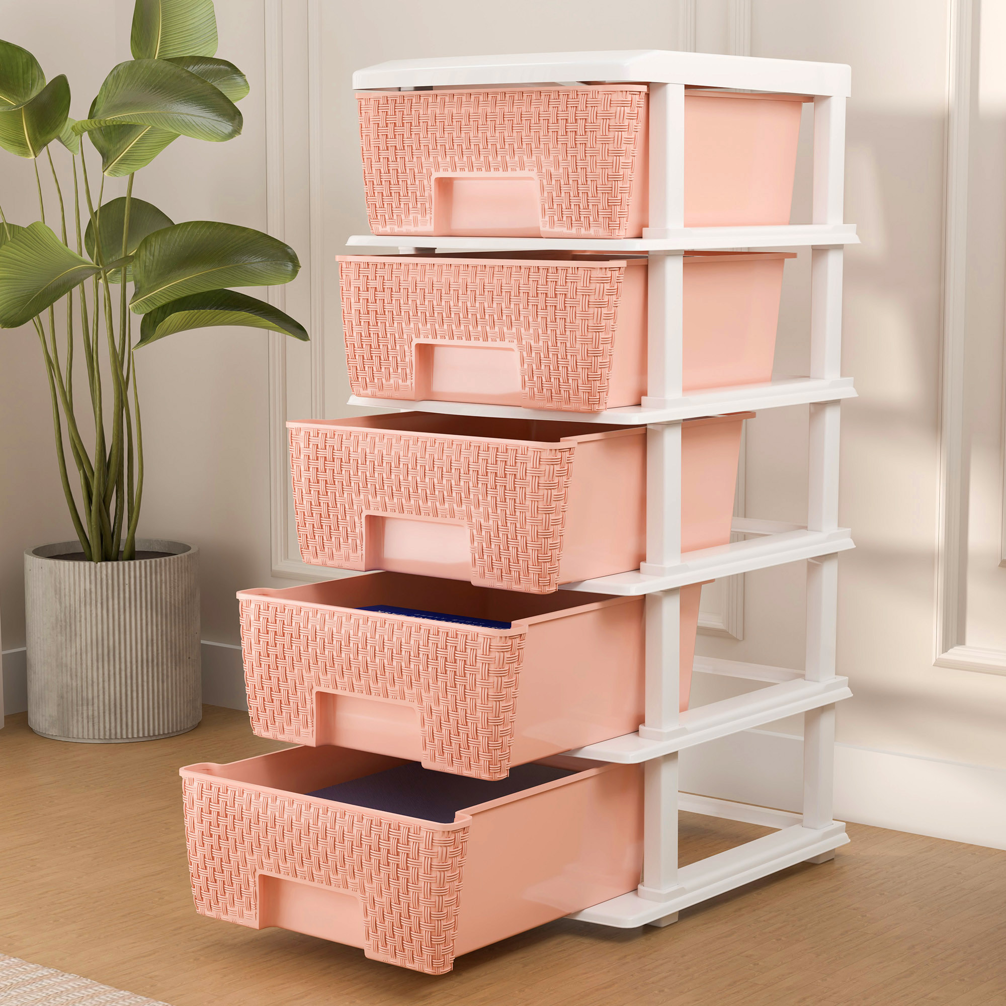 Plastic Storage DrawerSpacious Organizer for ToysBooks  Modular Storage Rack for HomeKitchenOffice  Checks - White  Peach