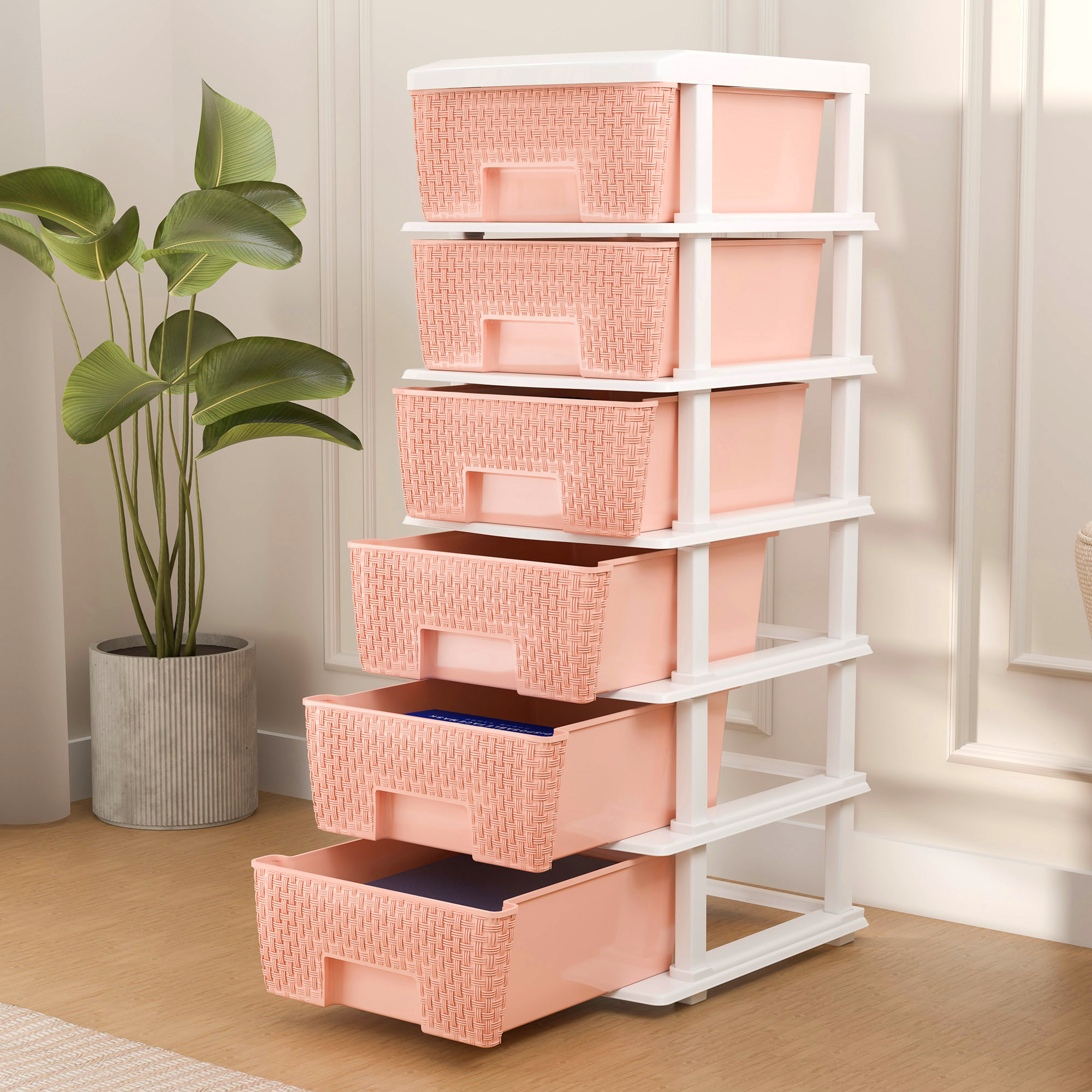 Plastic Storage DrawerSpacious Organizer for ToysBooks  Modular Storage Rack for HomeKitchenOffice  Checks - White  Peach