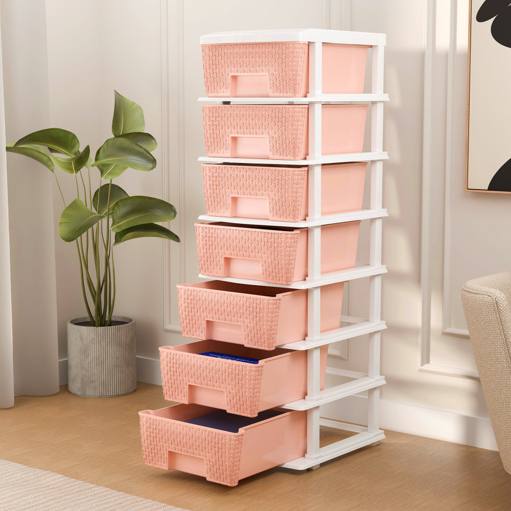 Image of Plastic Storage Drawer/Spacious Organizer for Toys/Books | Modular Storage Rack for Home/Kitchen/Office | Checks - White &amp; Peach