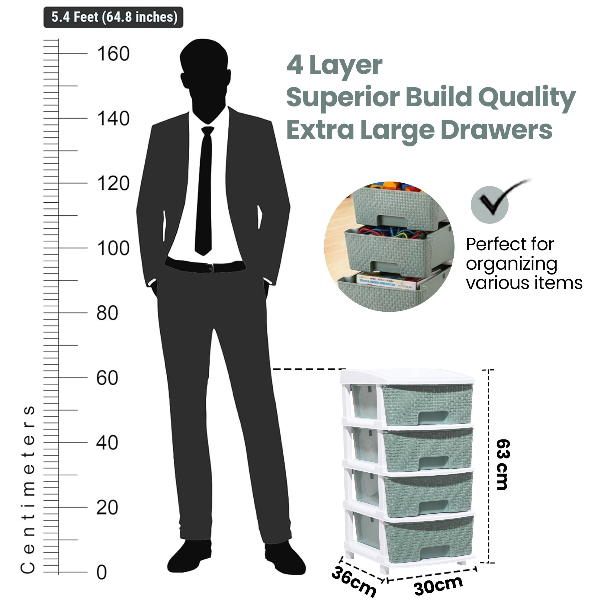 Plastic Storage DrawerSpacious Organizer for ToysBooks  Modular Storage Rack for HomeKitchenOffice  Checks - White  Green