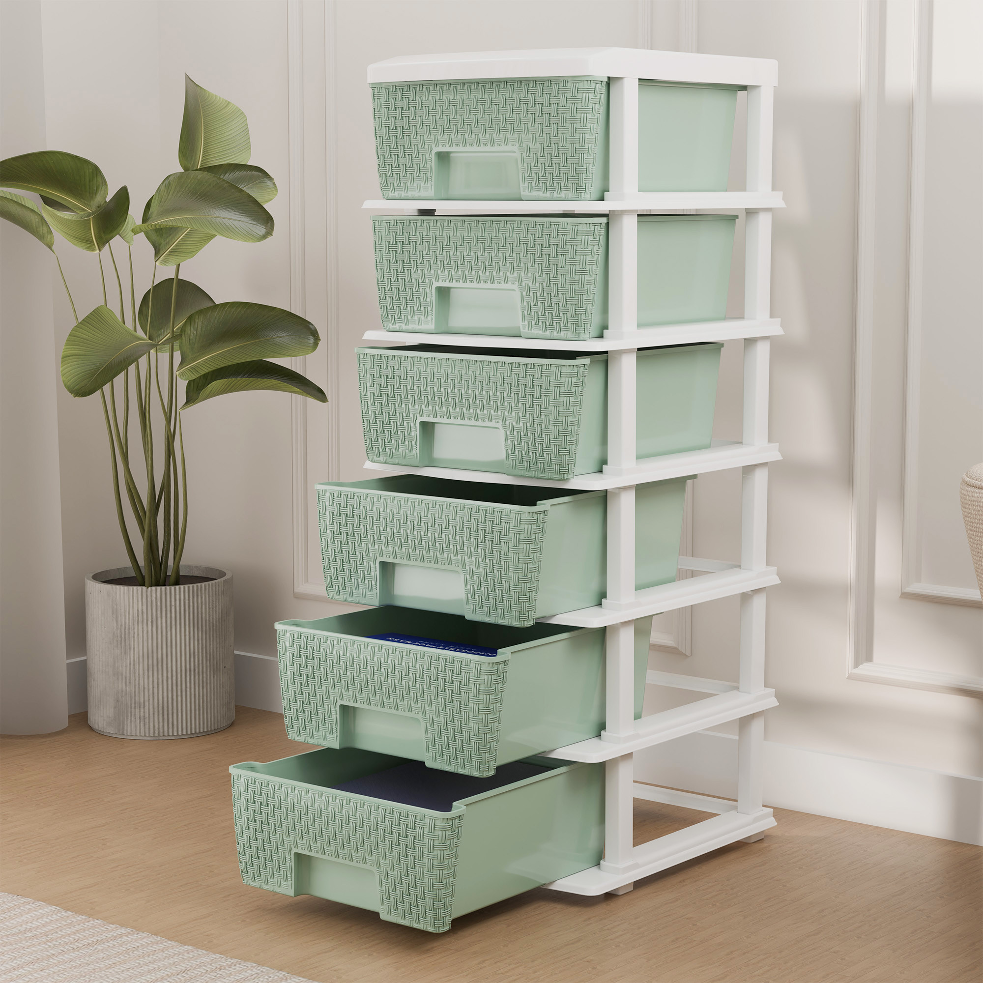 Plastic Storage DrawerSpacious Organizer for ToysBooks  Modular Storage Rack for HomeKitchenOffice  Checks - White  Green