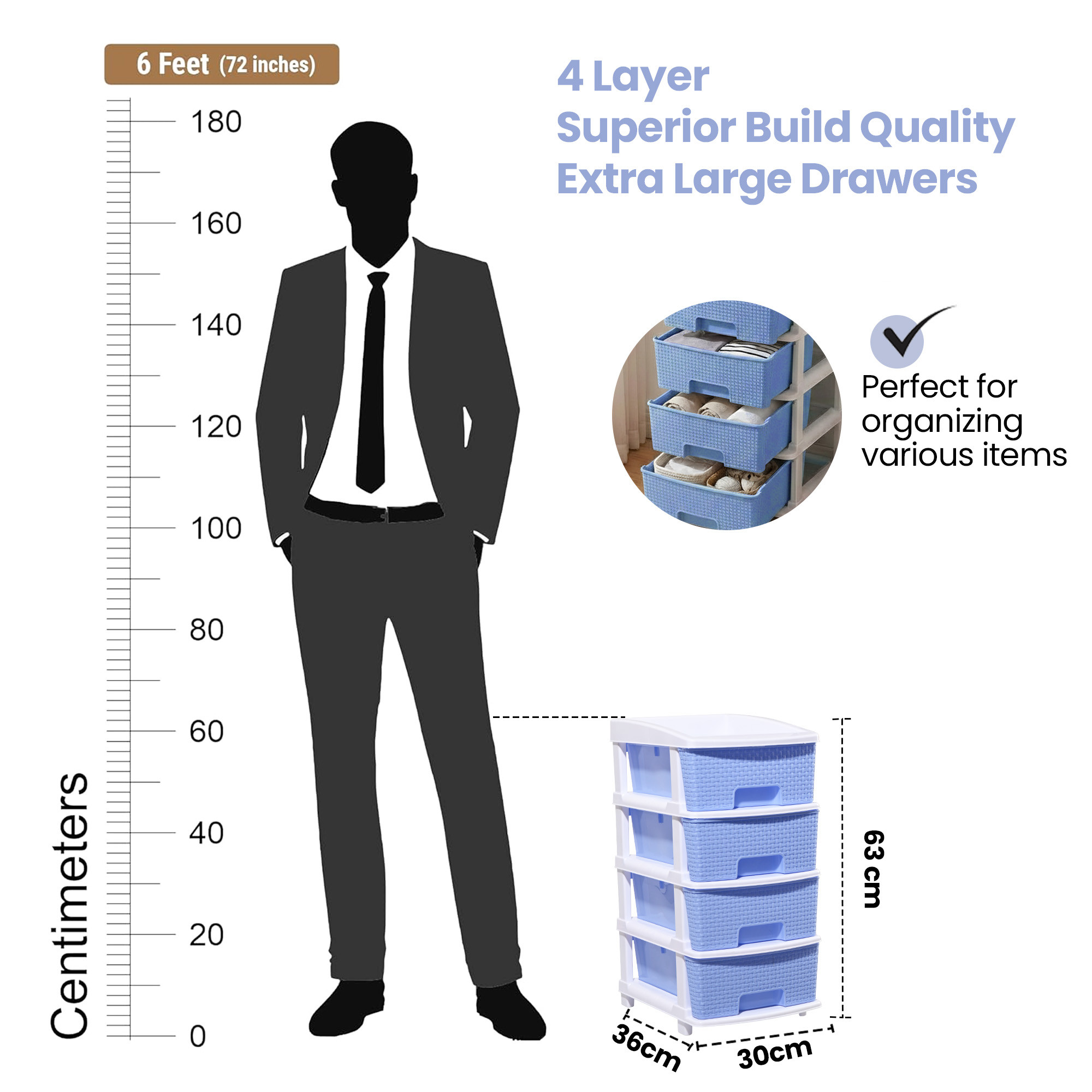 Plastic Storage DrawerSpacious Organizer for ToysBooks  Modular Storage Rack for HomeKitchenOffice  Checks - White  Sky Blue