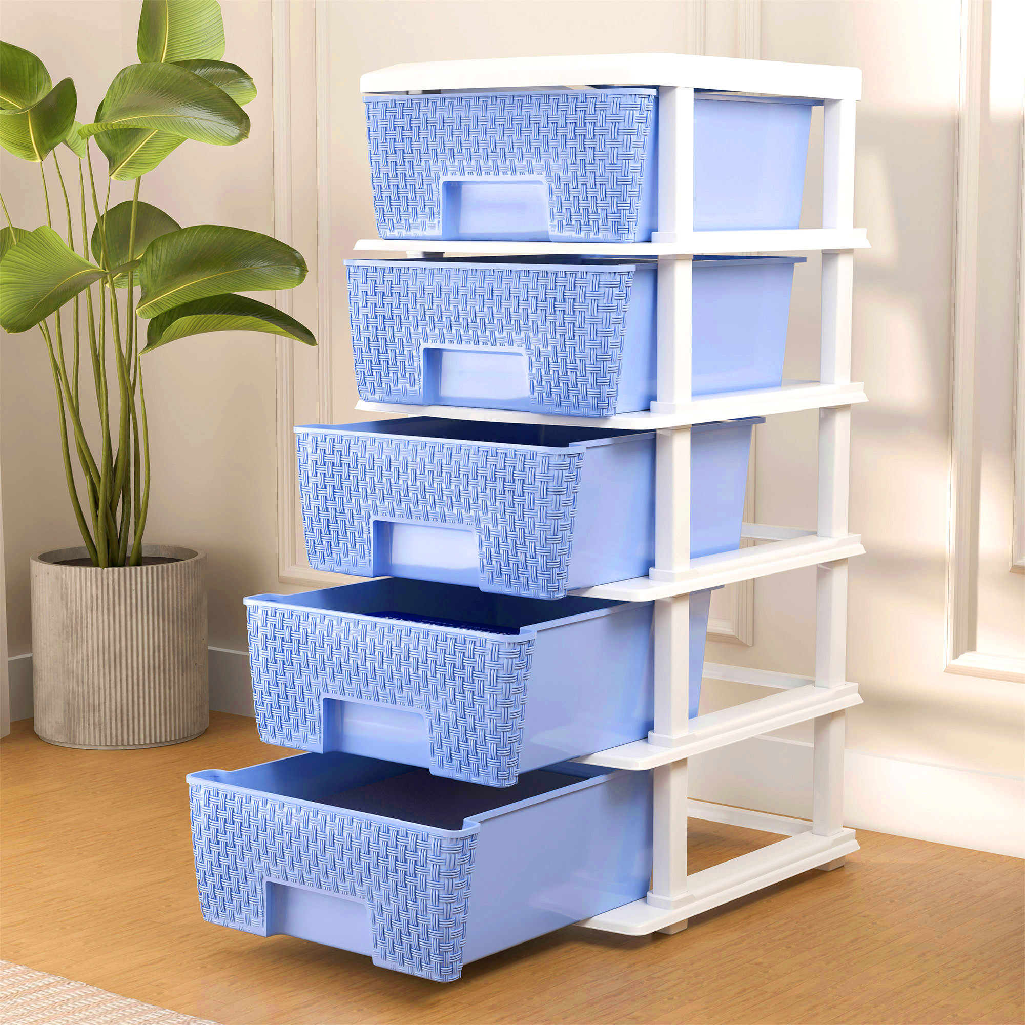 Plastic Storage DrawerSpacious Organizer for ToysBooks  Modular Storage Rack for HomeKitchenOffice  Checks - White  Sky Blue