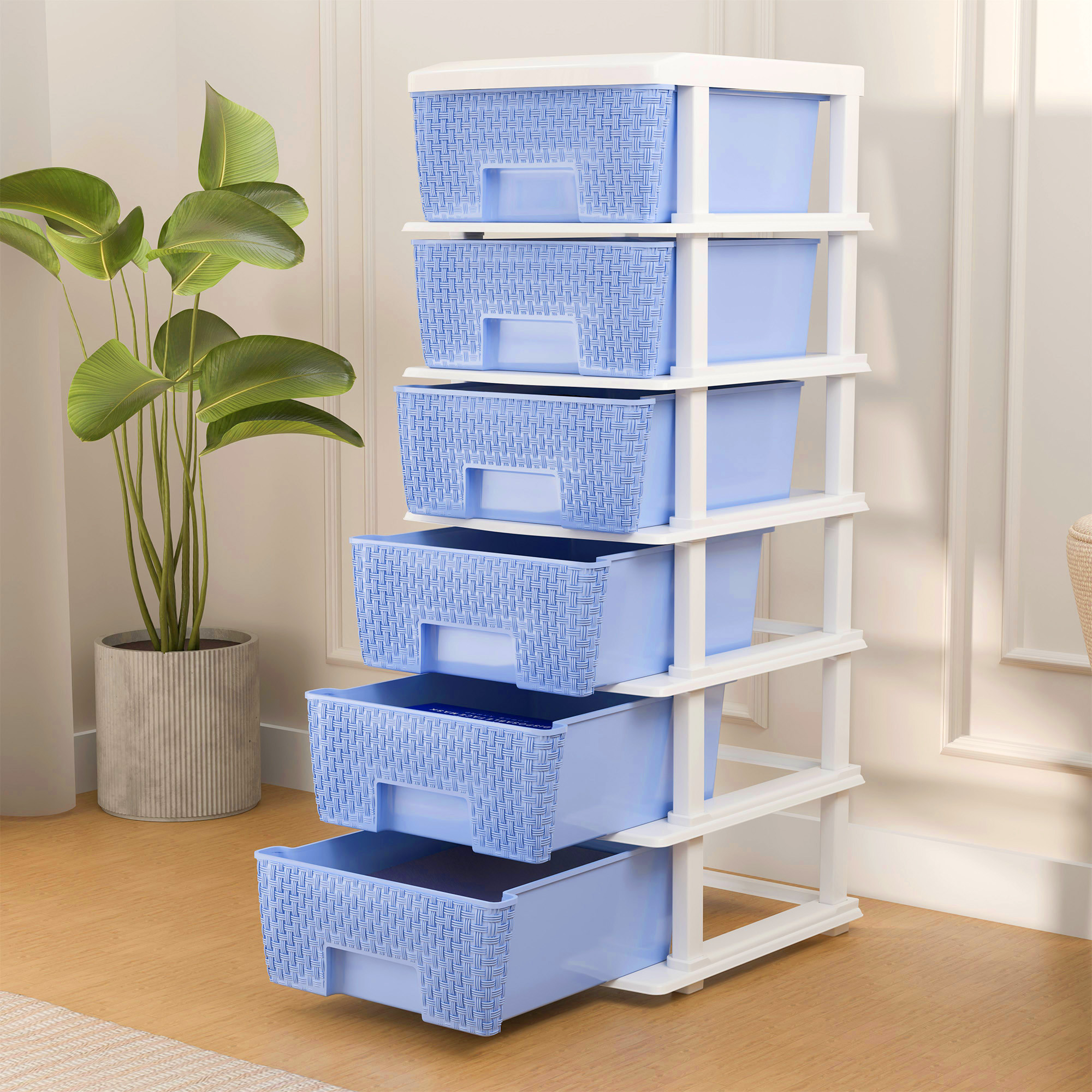 Plastic Storage DrawerSpacious Organizer for ToysBooks  Modular Storage Rack for HomeKitchenOffice  Checks - White  Sky Blue