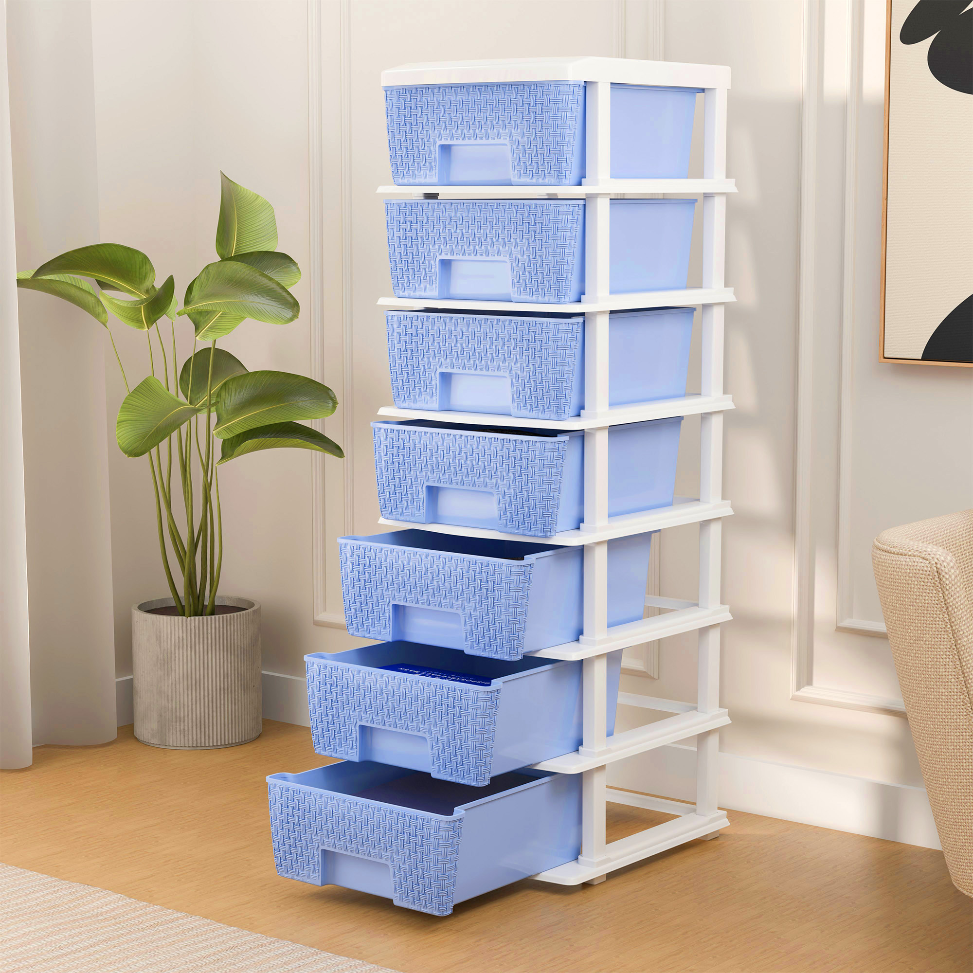 Plastic Storage DrawerSpacious Organizer for ToysBooks  Modular Storage Rack for HomeKitchenOffice  Checks - White  Sky Blue