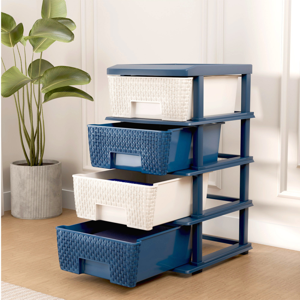 Image of Plastic Storage Drawer/Spacious Organizer for Toys/Books | Modular Storage Rack for Home/Kitchen/Office | Checks - White &amp; Blue