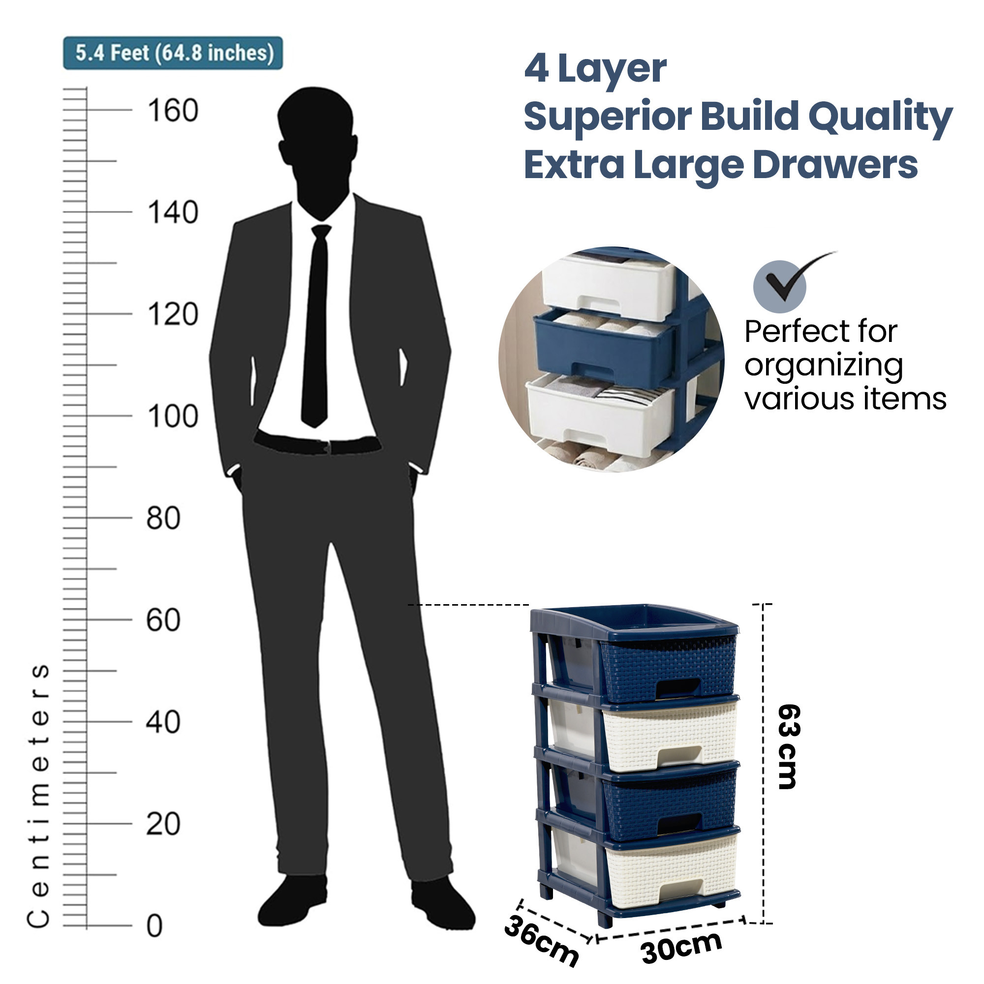 Plastic Storage DrawerSpacious Organizer for ToysBooks  Modular Storage Rack for HomeKitchenOffice  Checks - White  Blue