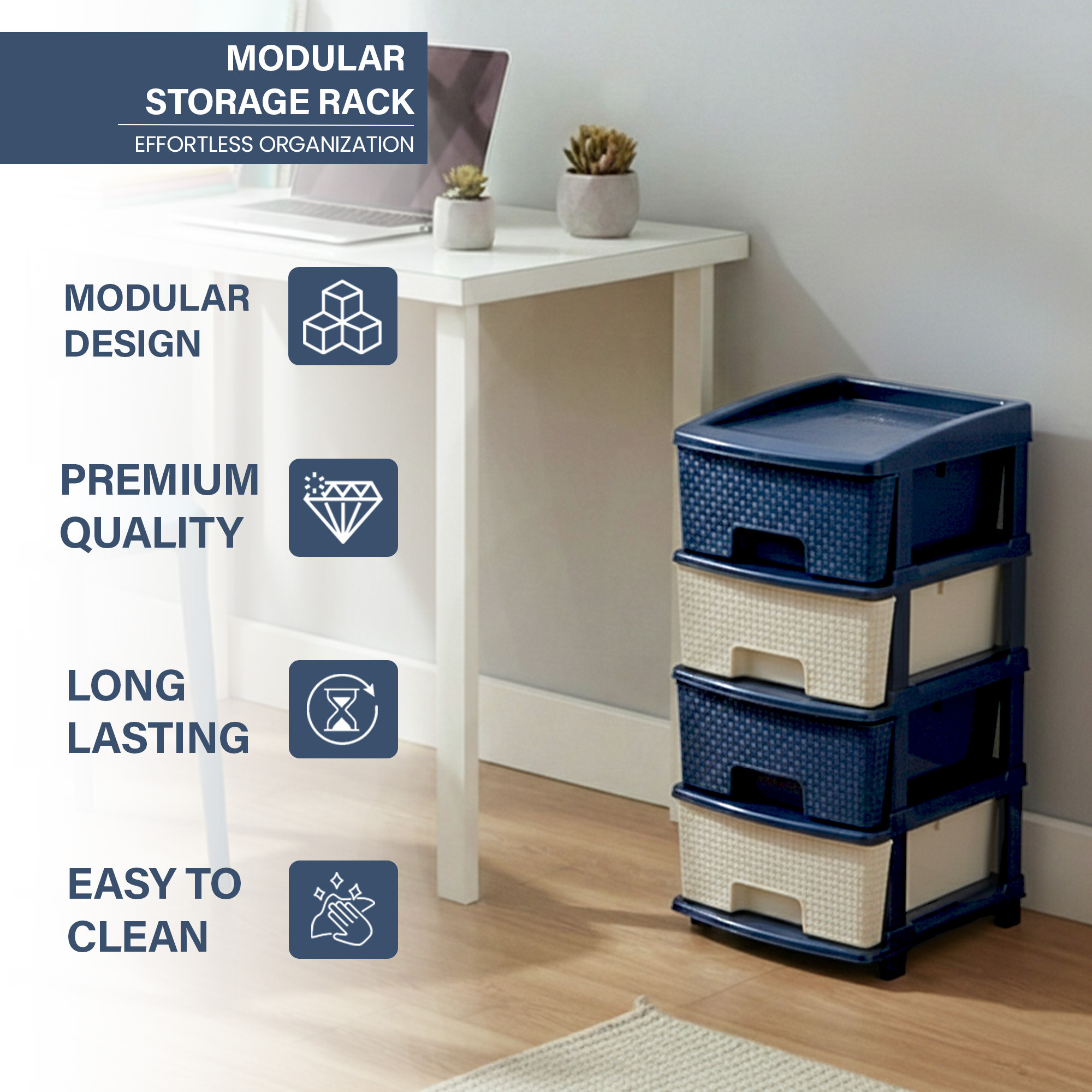 Plastic Storage DrawerSpacious Organizer for ToysBooks  Modular Storage Rack for HomeKitchenOffice  Checks - White  Blue