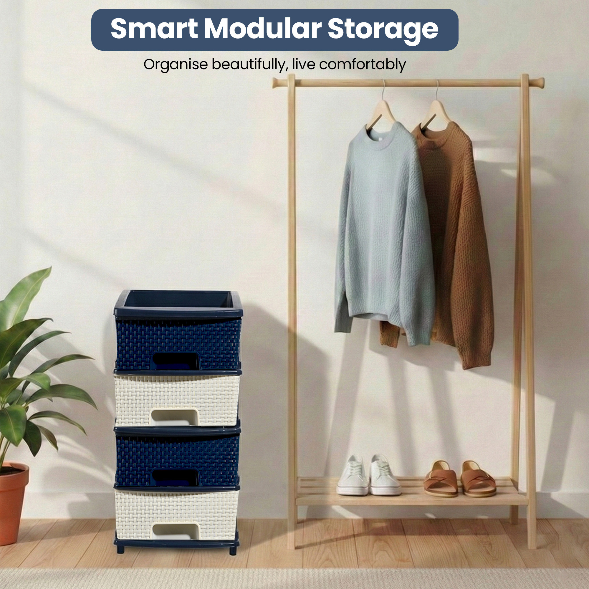 Plastic Storage DrawerSpacious Organizer for ToysBooks  Modular Storage Rack for HomeKitchenOffice  Checks - White  Blue